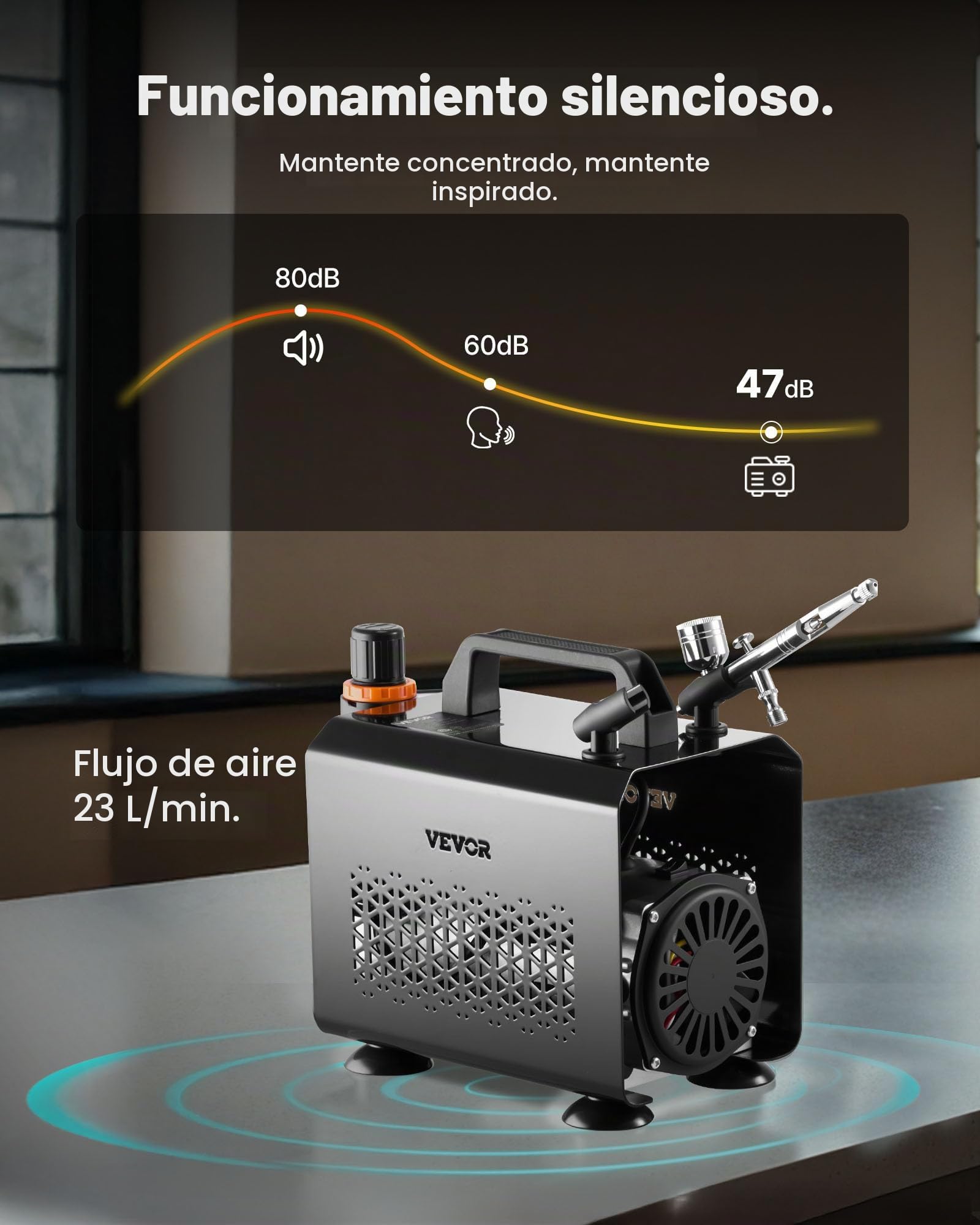 VEVOR Kit de Aerógrafo con Compresor de Aire 1/6 HP, 1 Aerógrafo de Doble Acción con 3 Boquillas, Manguera, Pinturas Acrílicas, Kit de Pintura para Decoración de Tartas, Maquetas, Uñas, Coches