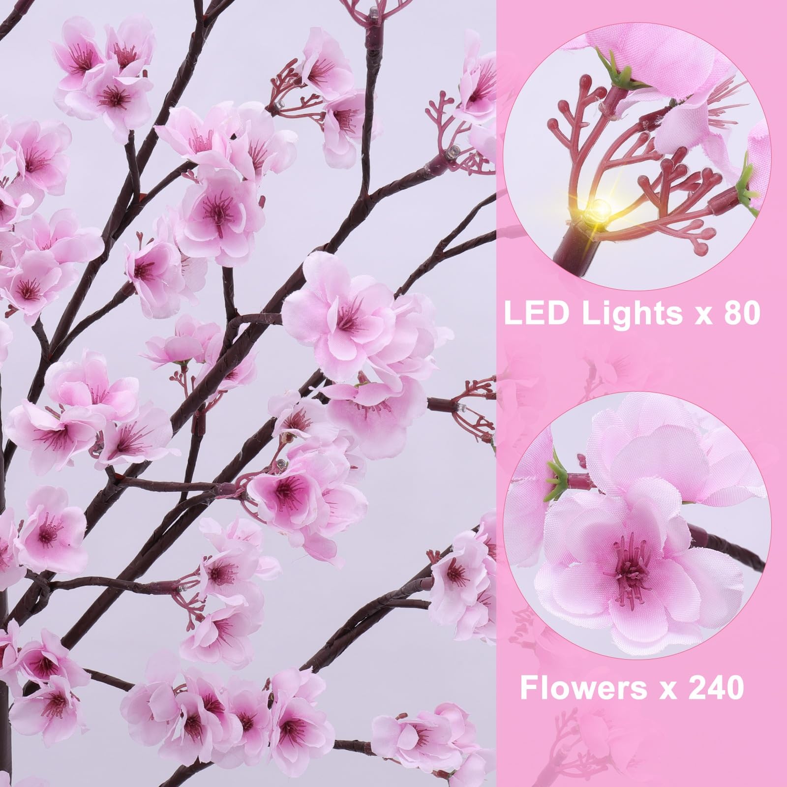 5FT Lighted Cherry Blossom Tree - Faux Artificial Light Up Pink Tree with 80 Lights, 240 Lush Flowers, Timer, Remote 8 Modes Cherry Blossom Tree for Spring Wedding Valentines Indoor Outdoor Decor