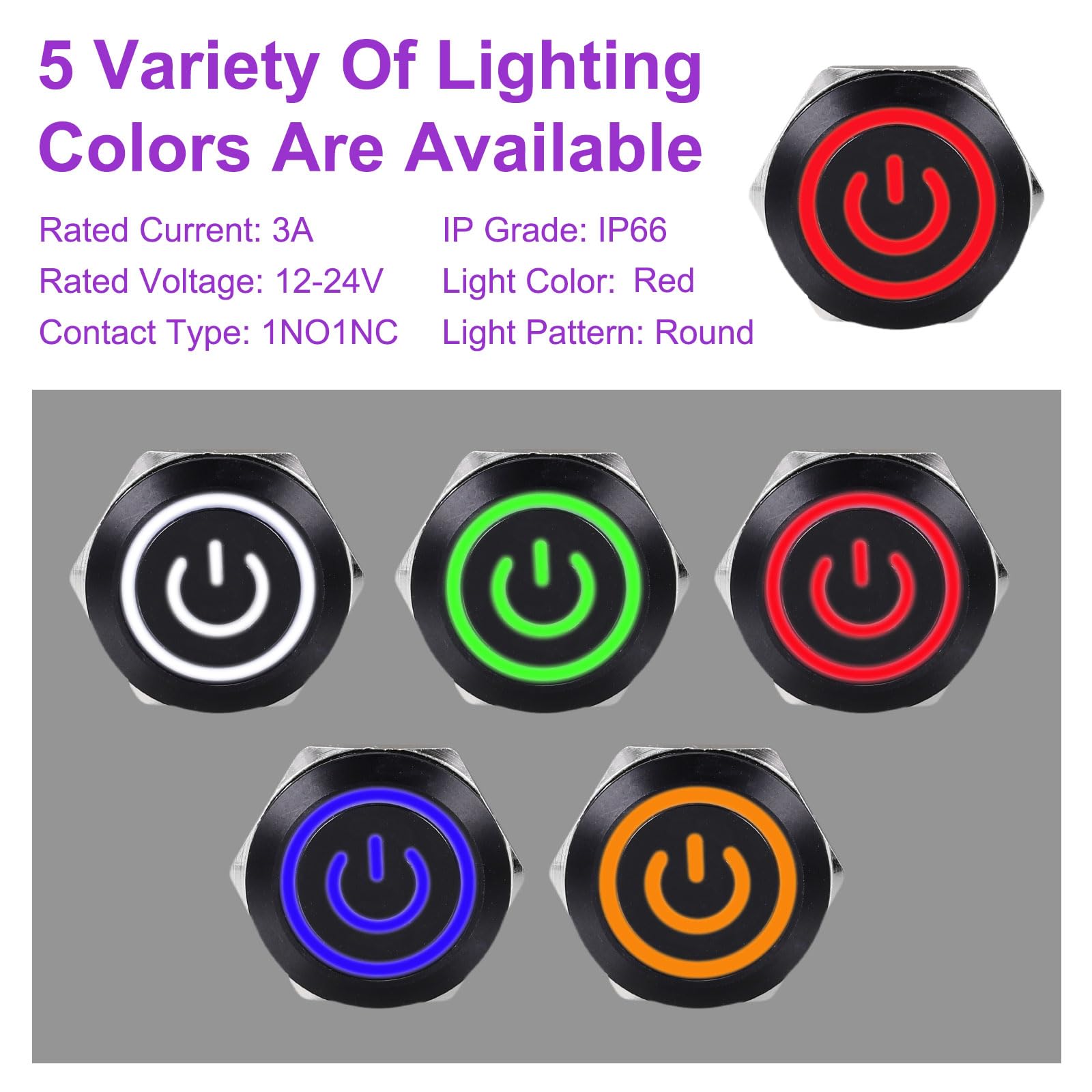 DMiotech 2 Pack 19mm / 3/4" Aluminium Alloy Momentary Push Button Switch Flat Head 3A 12-24V Black Shell 5 Pin with Cable Socket Red Switch LED 1NO1NC for Car Boat Systems Custom Setups - Image 3