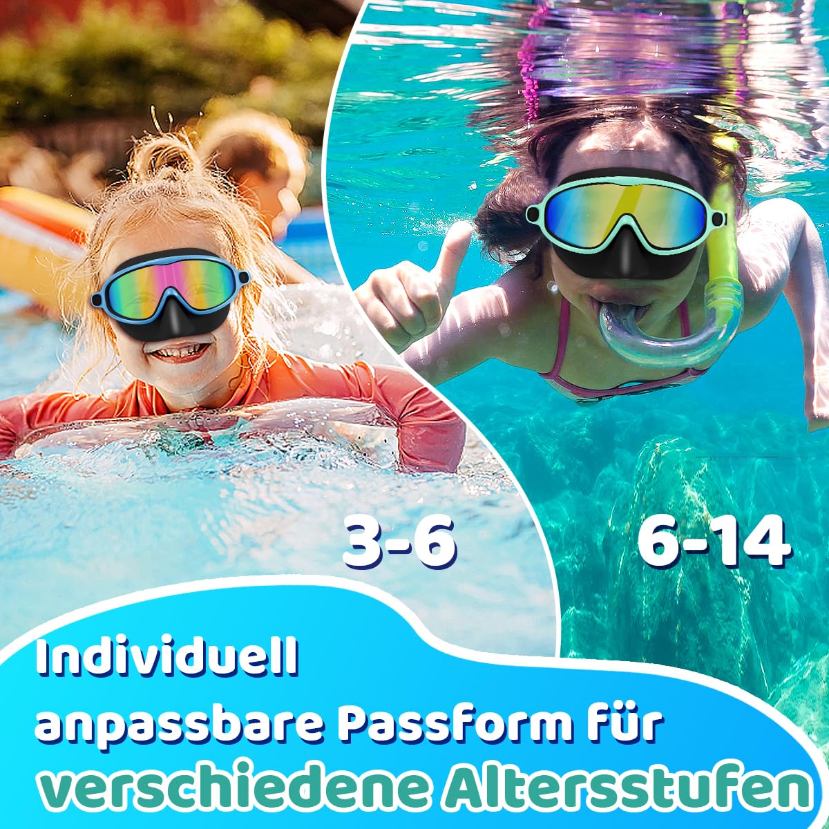 Vvinca Lot de 2 lunettes de natation avec pince-nez, étanches, pour enfants de 3 à 15 ans, grand angle, anti-buée/protection UV