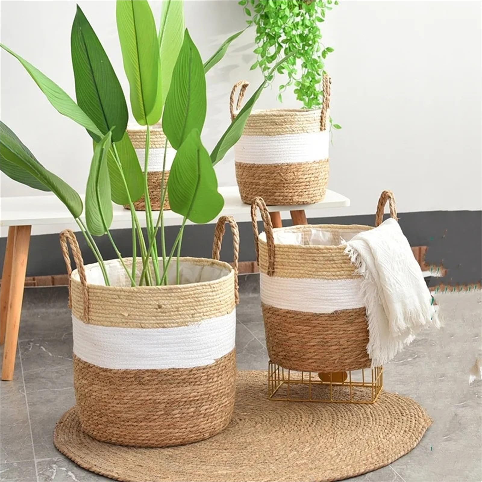 Cache Pot en Osier Panier de jardinière Fantaisie en Osier, Pot de Fleur, décoration de Maison, Jardin en Bambou, paniers de Rangement en jonc de mer, Porte-Jouets 3 pièces(Fancy 22CM)