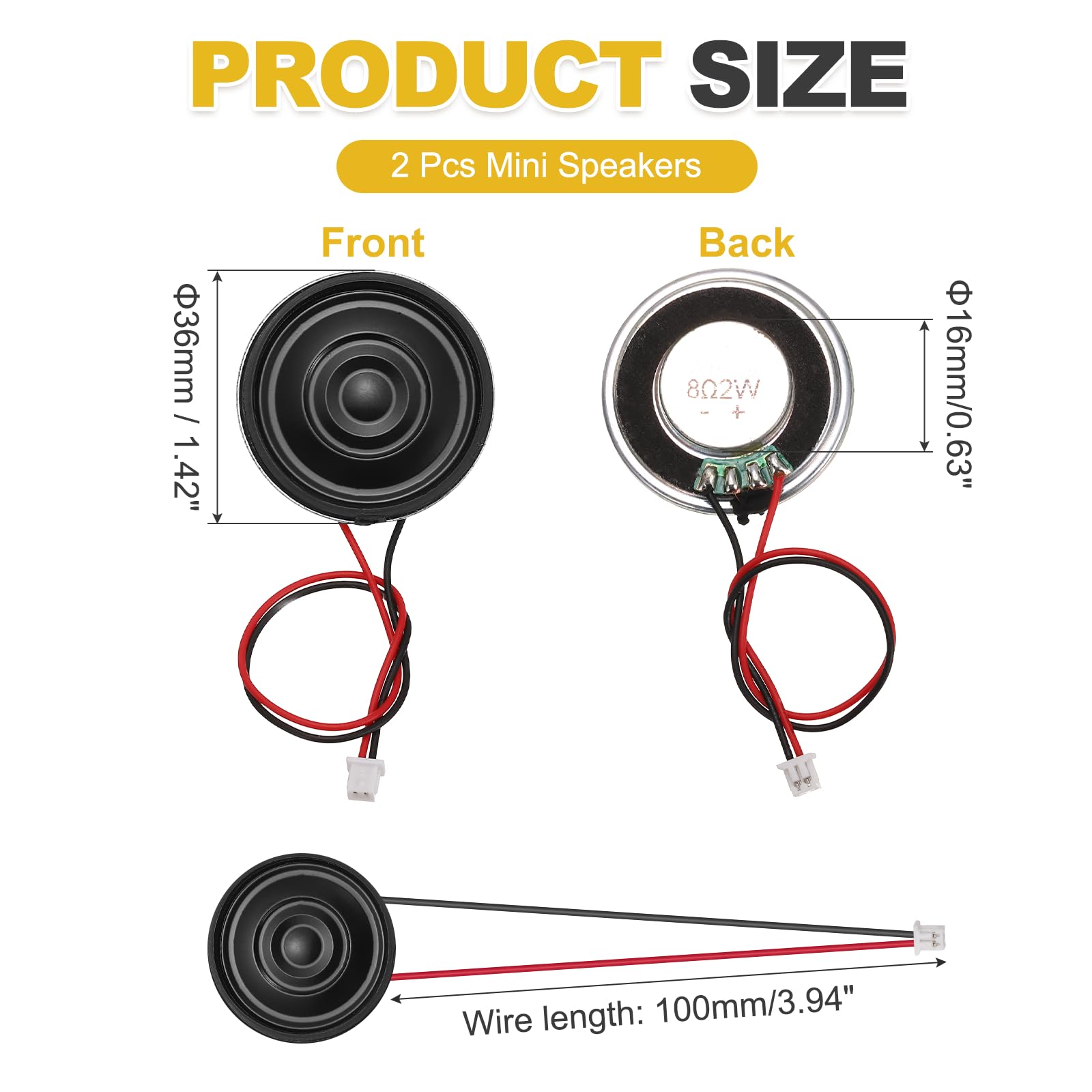sourcing map 2 altoparlanti piccoli da 8 Ohm, 2 W, 36 mm di diametro, con guscio in metallo rotondo, con terminale da 100 mm, micro interno per DVD, EVD, mini altoparlante audio domestico