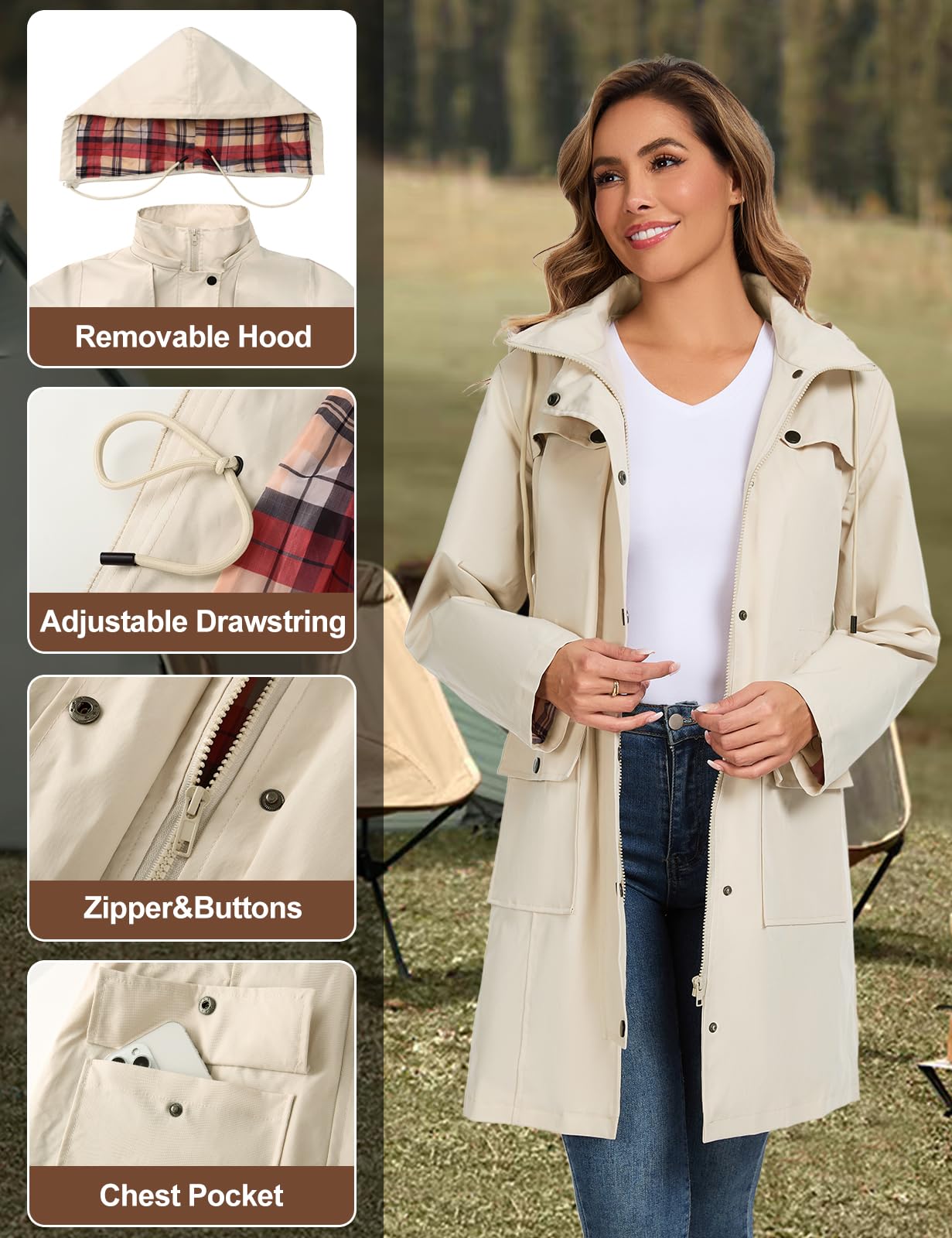Tuopuda Chubasquero Mujer Impermeable Largo Chaqueta Ligera Parkas Cortaviento con Capucha Cremallera Softshelljakce Primavera Otoño Raincoat Abrigo para Exteriores Cercanías