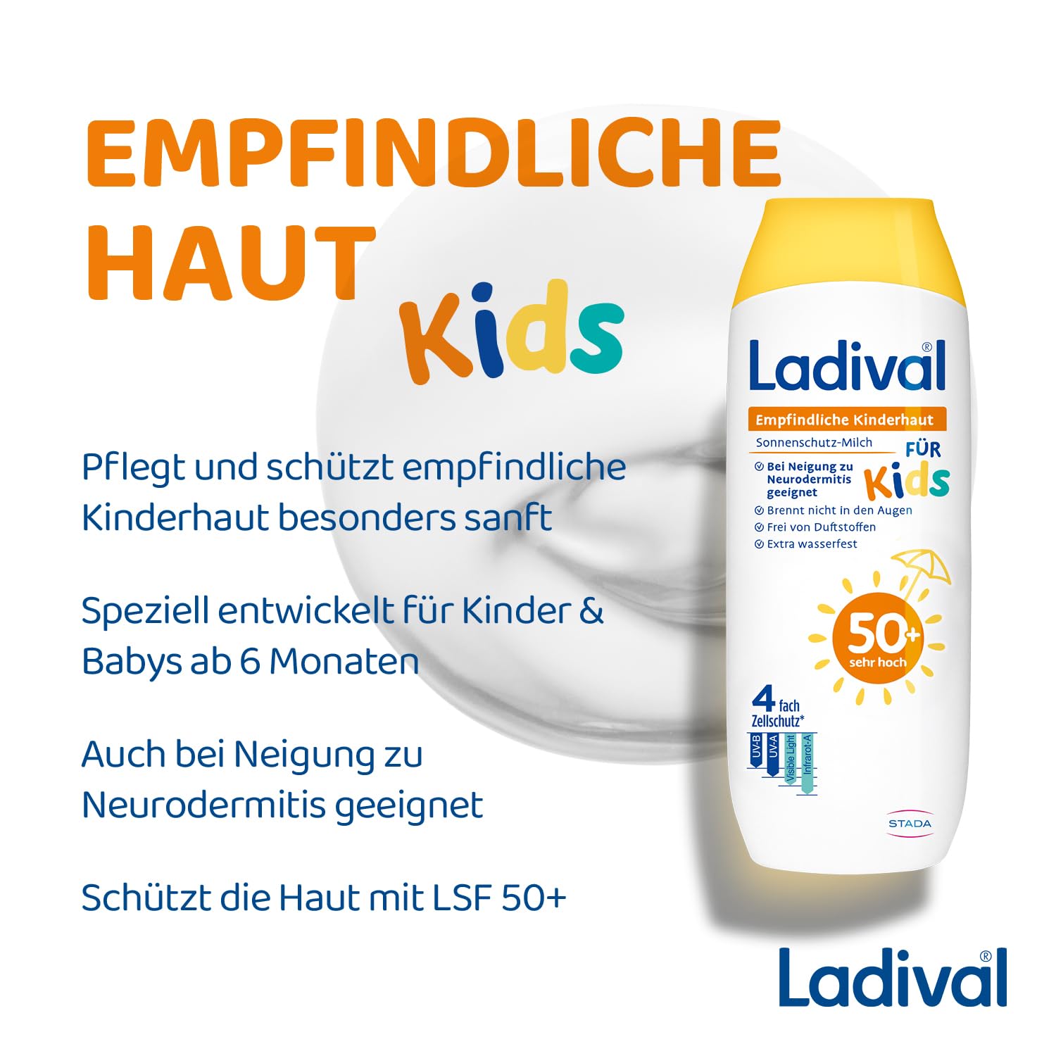 Ladival® Empfindliche Kinderhaut Sonnenschutz-Milch LSF 50+ für Kinder und Babys ab 6 Monaten, extra wasserfest, mit 4-fach Zellschutz, Sonnencreme 250ml
