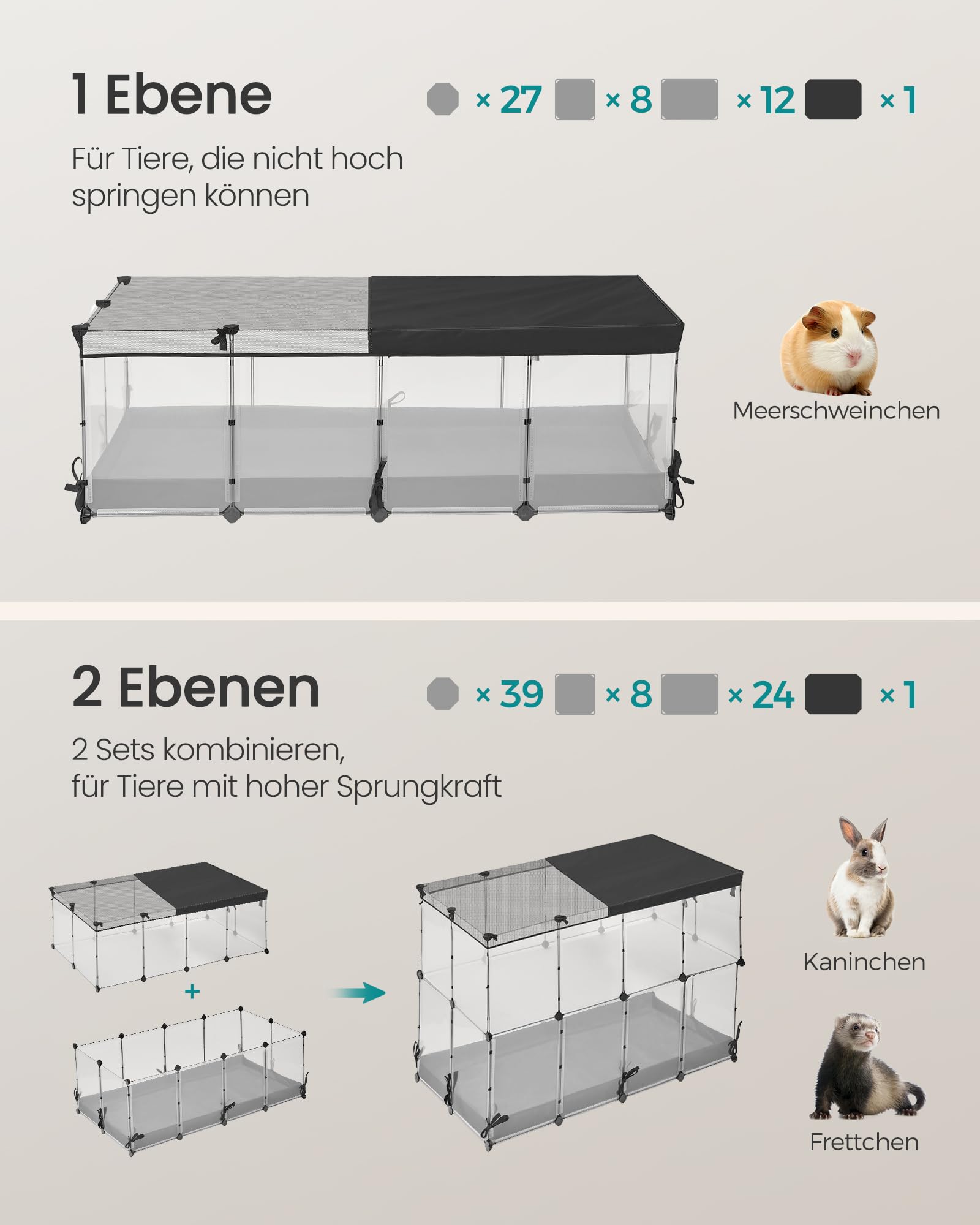 SONGMICS Kleintiergehege, halbtransparente Platten, atmungsaktiv, wasserresistentes Gewebe unten, Kaninchenstall innen, Meerschweinchen Käfig, Frettchen, 144 x 74 x 47 cm, wolkenweiß LPC015W01