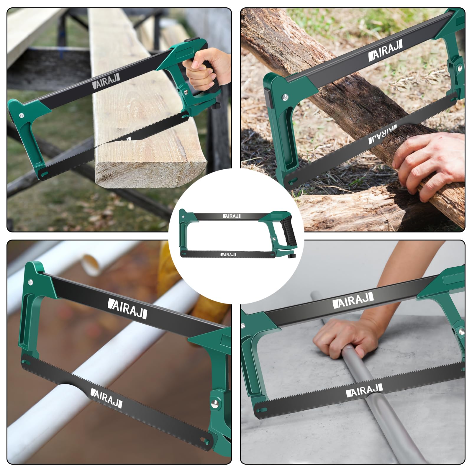 AIRAJ Sierra de Metal 300mm con Hoja de Doble Cara,Marco de Sierra Profesional con ángulos de Corte de 45° y 90° Para Cambiar Cuchillas con Solo Tocar un Botón, Adecuada para cortar metal, madera, etc