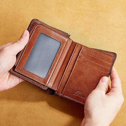 Miniatura 3 de Cartera de cuero genuino para hombre, con bloqueo RFID, plegable, con cremallera, bolsillo para monedas, multitarjetero, color marrón, Marrón, Retro
