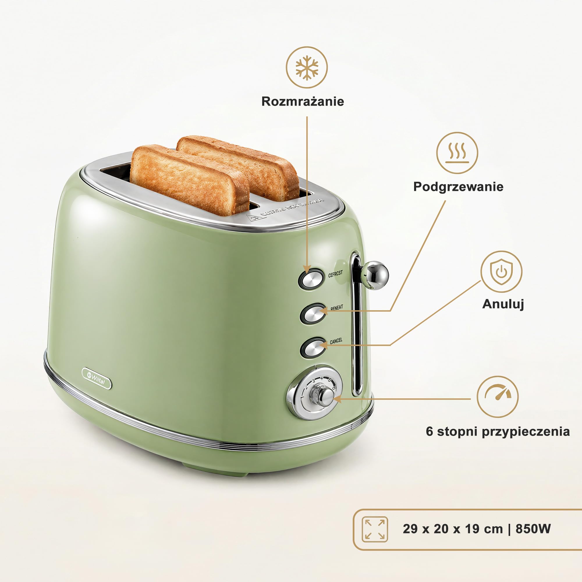 Wiltal Retro Toster 2 Kromki Stal Nierdzewna – Nakładka na Bułki, 6 Poziomów Opiekania, Funkcja Podgrzewania i Rozmrażania, Automatyczne Wyłączanie, Kolor Kremowy, Idealny do Kanapek i Tostów