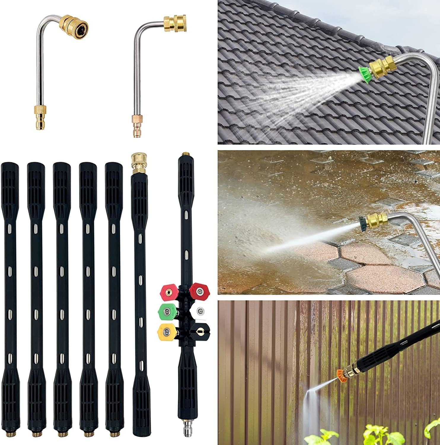 Lot de 10 Rallonge pour nettoyeur haute pression avec adaptateur Karcher Compatible pour Karcher K Series K2 K3 K4 K5 K6 K7, 4000PSI Outils de nettoyage de gouttière Rallonge Lance