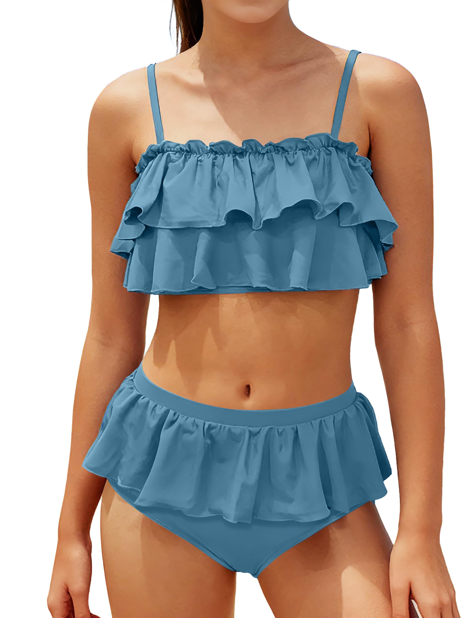 NAPU Girls Swimsuit Color Block Tankini Swimsuit Quick Dry 2 Piece Bathing Suit for Girls 9-16 Years Teens Swimwear Summer