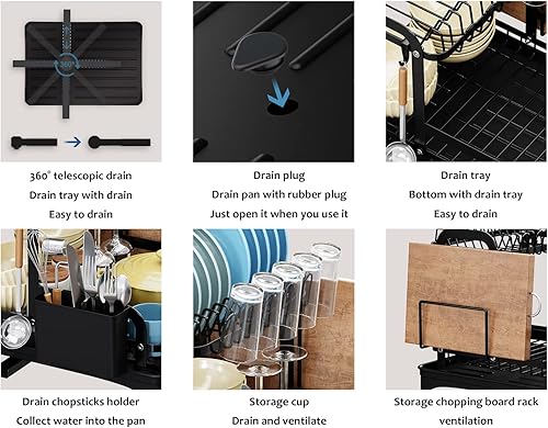 Miniatura 8 de Richenad Juego de cuenco de cocina multifuncional grande de 2 niveles y colador de agua, 360 con guía de drenaje telescópica giratoria para tablas
