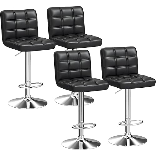 ZENY Set of 4 Adjustable Swivel Barstools, Modern PU Leather Kitchen Counter Bar Stools, Square Back Bar Stool