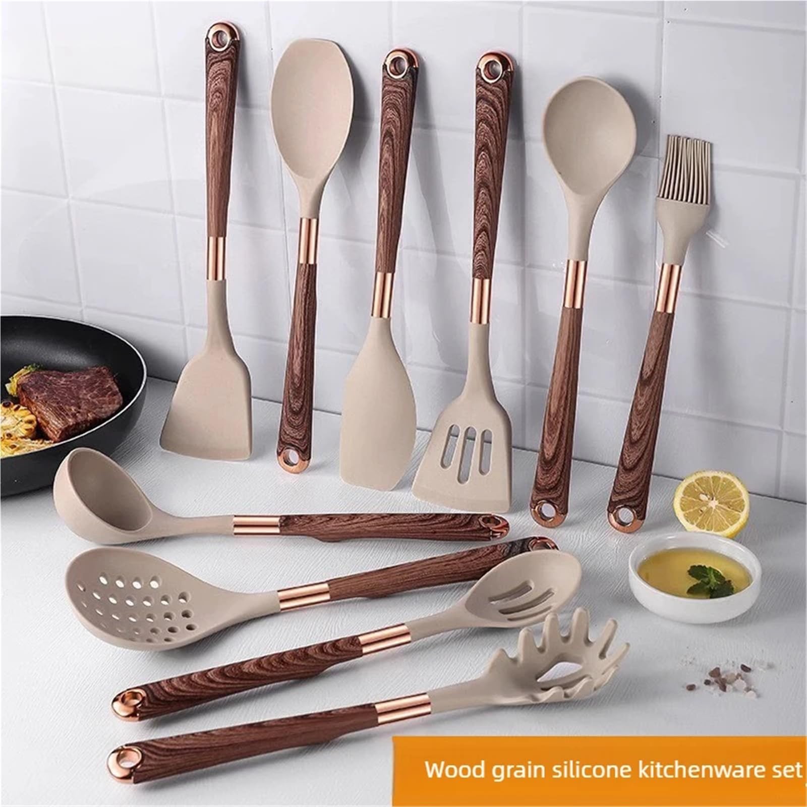 Silikon Küchenhelfer Set Silikon-Küchengeschirr mit Holzmaserung, 11-teiliges Set, antihaftbeschichtete Pfanne, Löffel, Kochutensilien Griff(WOOD12PCS)