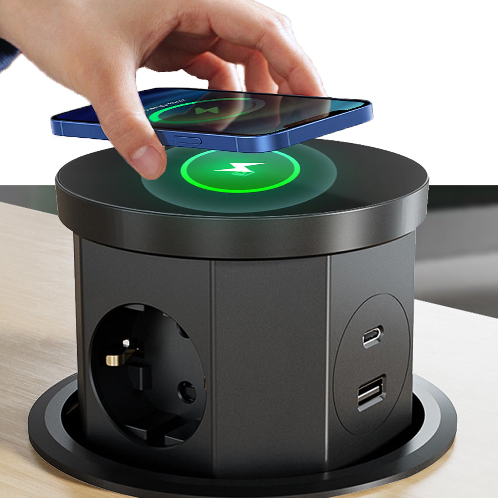 Presa Telescopica,PPresa a Scomparsa 3 Scomparti con 1 USB C 1 USB-A 2500W 16A Cavo Da 1,5M, Ciabatta Per Caricabatterie Wireless Da 15W, Adatta Per Piani Di Lavoro, Cucine, Uffici