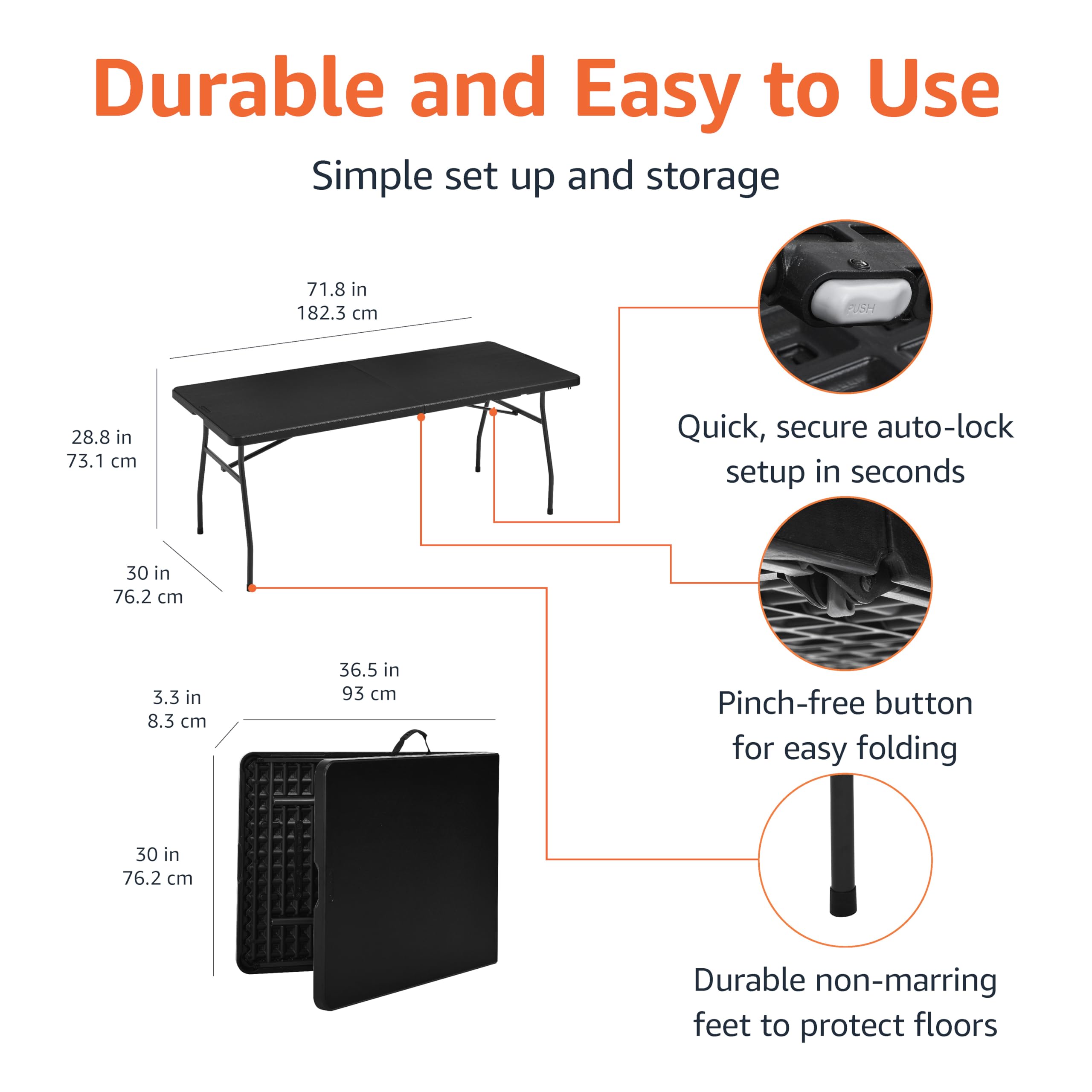 Amazon Basics Prostokątny stół składany z uchwytem do przenoszenia, do użytku wewnątrz i na zewnątrz, przenośny, lekki, stół turystyczny, piknik, kemping, czarny, 182cm x 75cm x 73cm