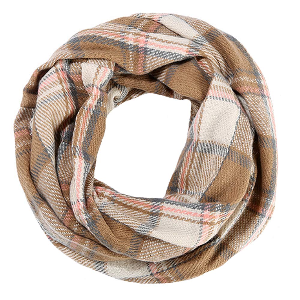 LA HAUTE Women's Checkered Infinity Loop Scarf with Zipper Pocket Secret Hidden Pocket Travel Cashmere Snood Shawl