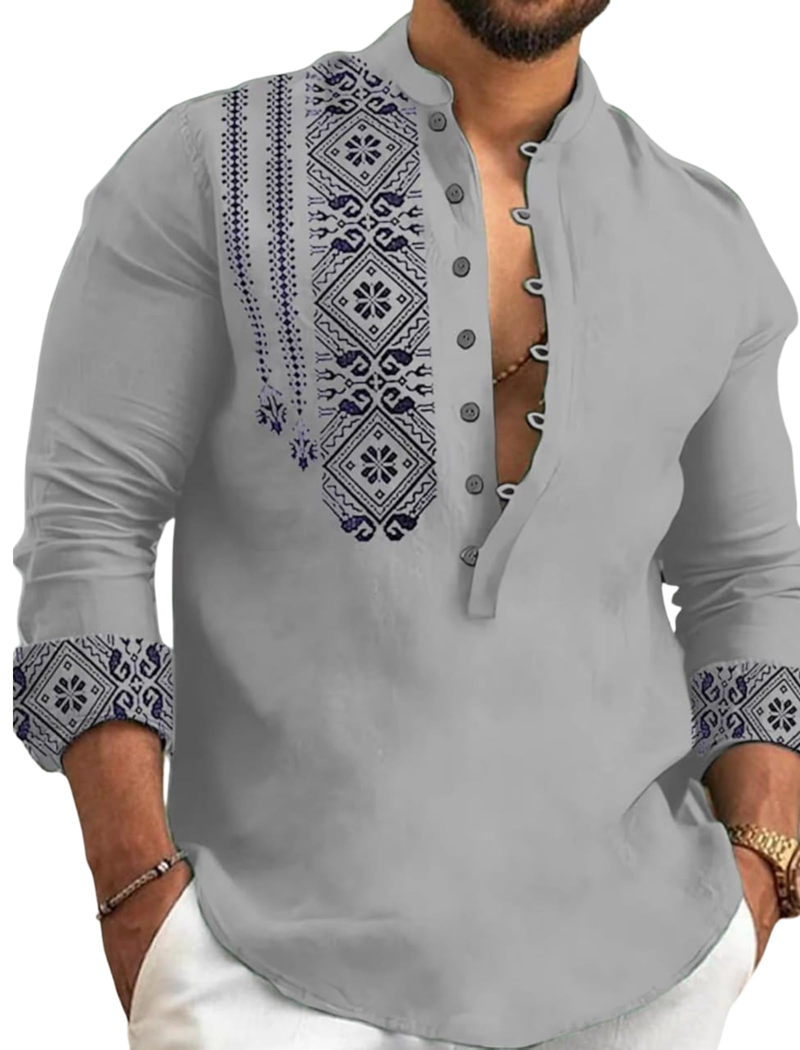 Deemoon Men's Grey Cotton Blend Mandarin Collar Self One Design Full Sleeve Casual Short Kurta, L