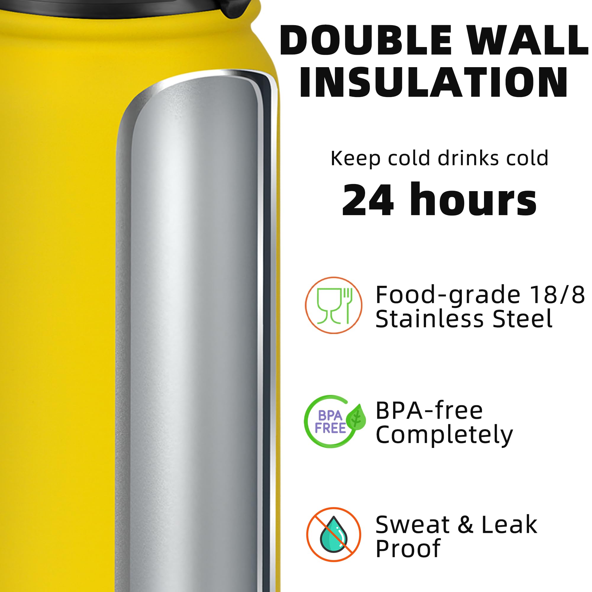 Fanhaw 1.2 L Insulated Stainless Steel Water Bottle with 1 Lid (Chug Lid) - for Kids Women, Men, Yellow, 1183 ml - Image 3