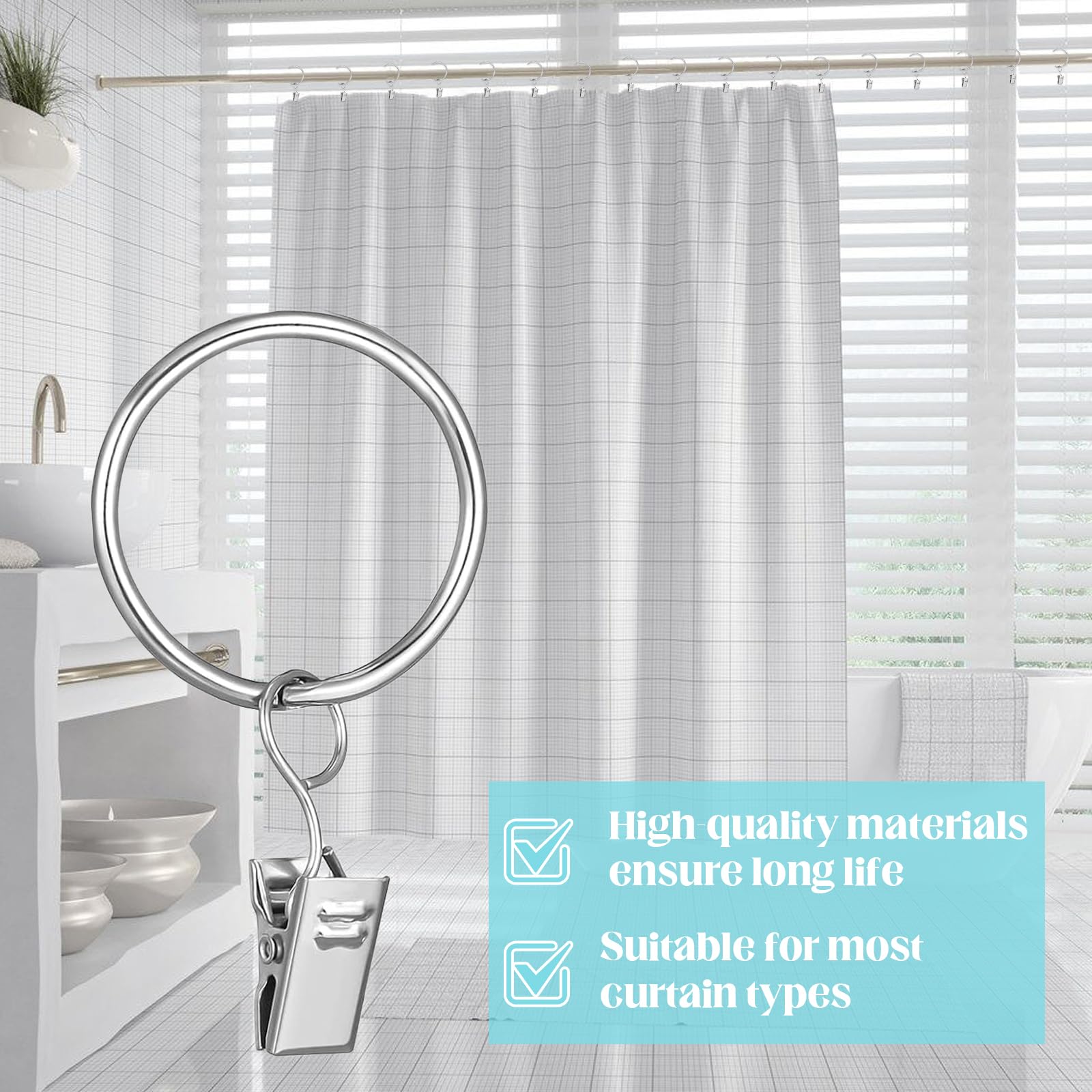 Anneaux Rideaux Avec Pinces, 24 Anneaux Pour Rideaux Avec Clips Pour Tringles à Rideaux Pour Fenêtres, Portes Et Rideaux De Douche, Diamètre Intérieur 32 Mm (Noir