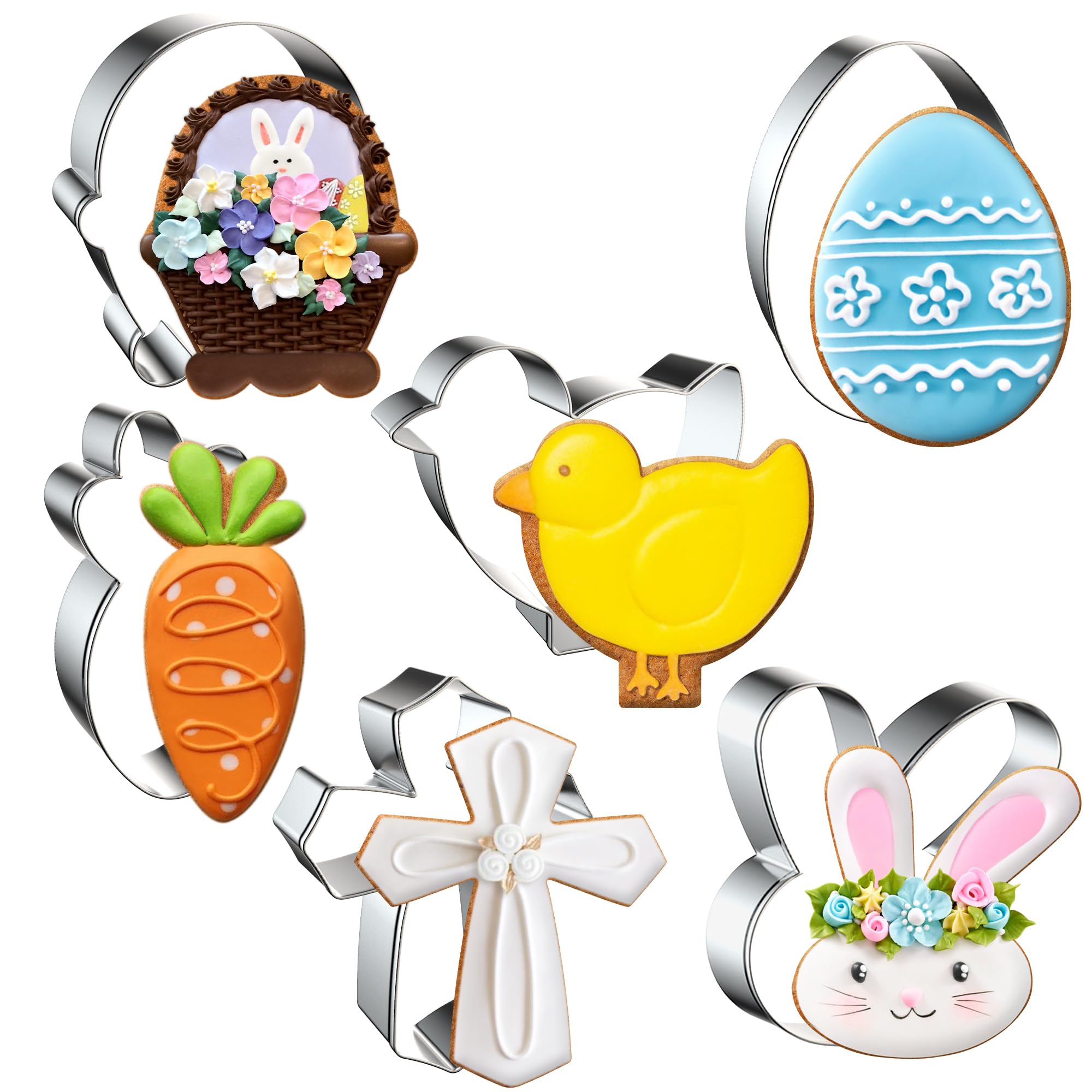 6 Pieces Easter Cookie Cutters Set — Holiday Cookie Cutter Easter Shapes for Baking — Bunny, Egg, Carrort, Cross, Basket, Chick Cookie Cutters for Homemaking Cookie