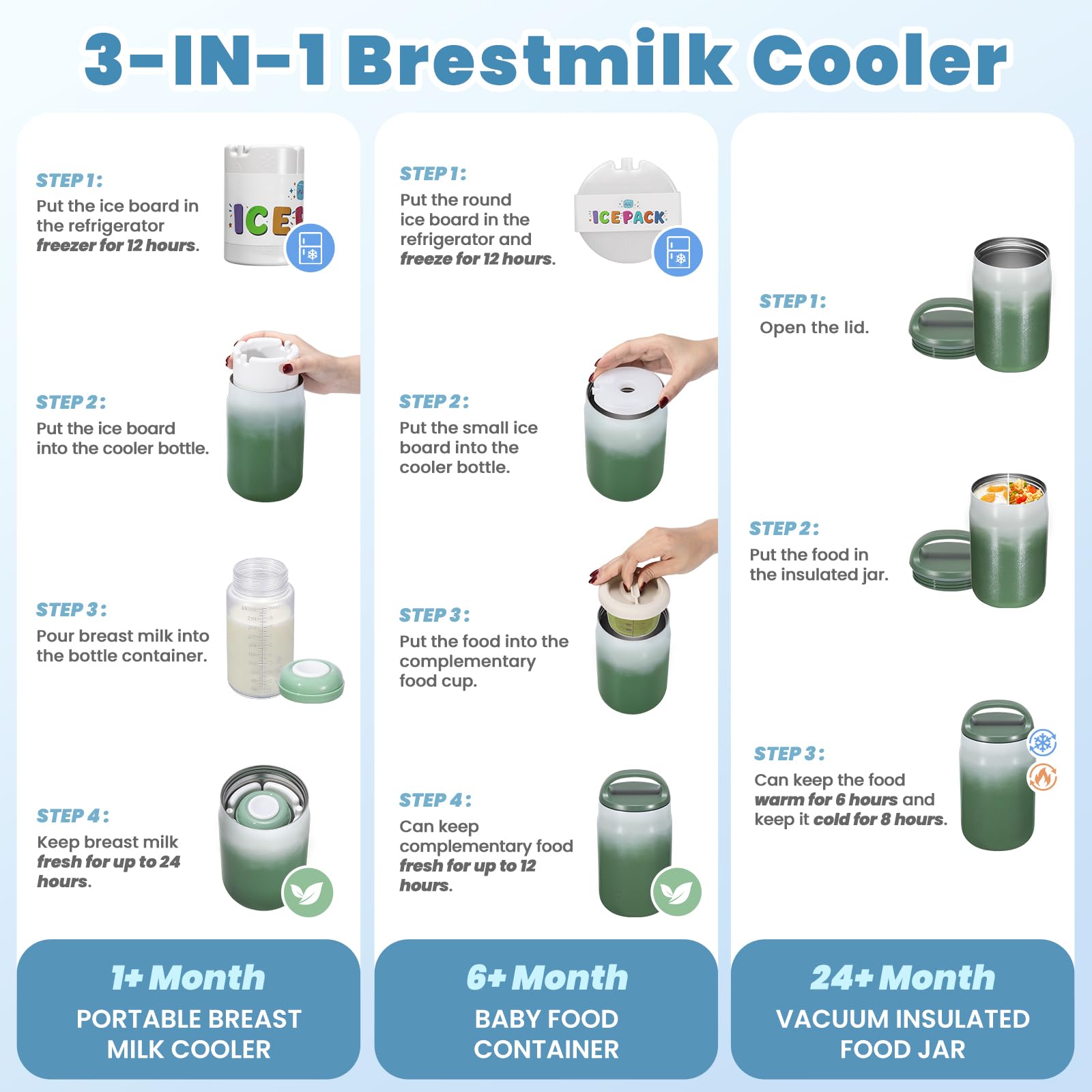Enfriador Portátil Leche Materna 800ml, Refrigeración 360° 24h, Biberones 325ml sin BPA, 2 Recipientes Comida Bebé 120ml, Apto Lavavajillas, para Bebés Adultos Viaje Trabajo Exterior, Verde