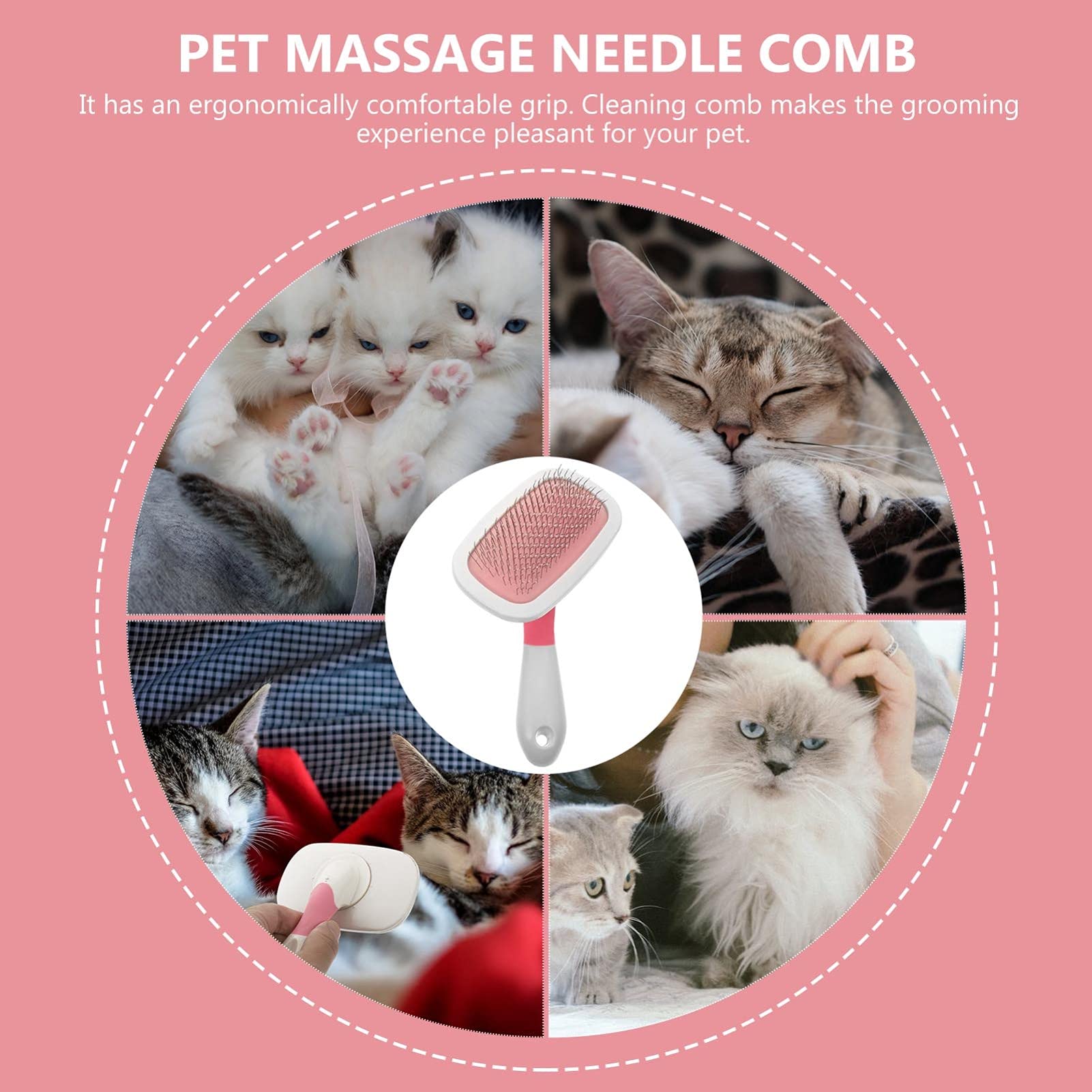ULTECHNOVO 3piezas Cepillo De Masaje Para Mascotas Punta Protectora Herramienta De Aseo Para Perros Gatos Peine Para Eliminar Pelo Suelto Enredos Grande Color Rosa