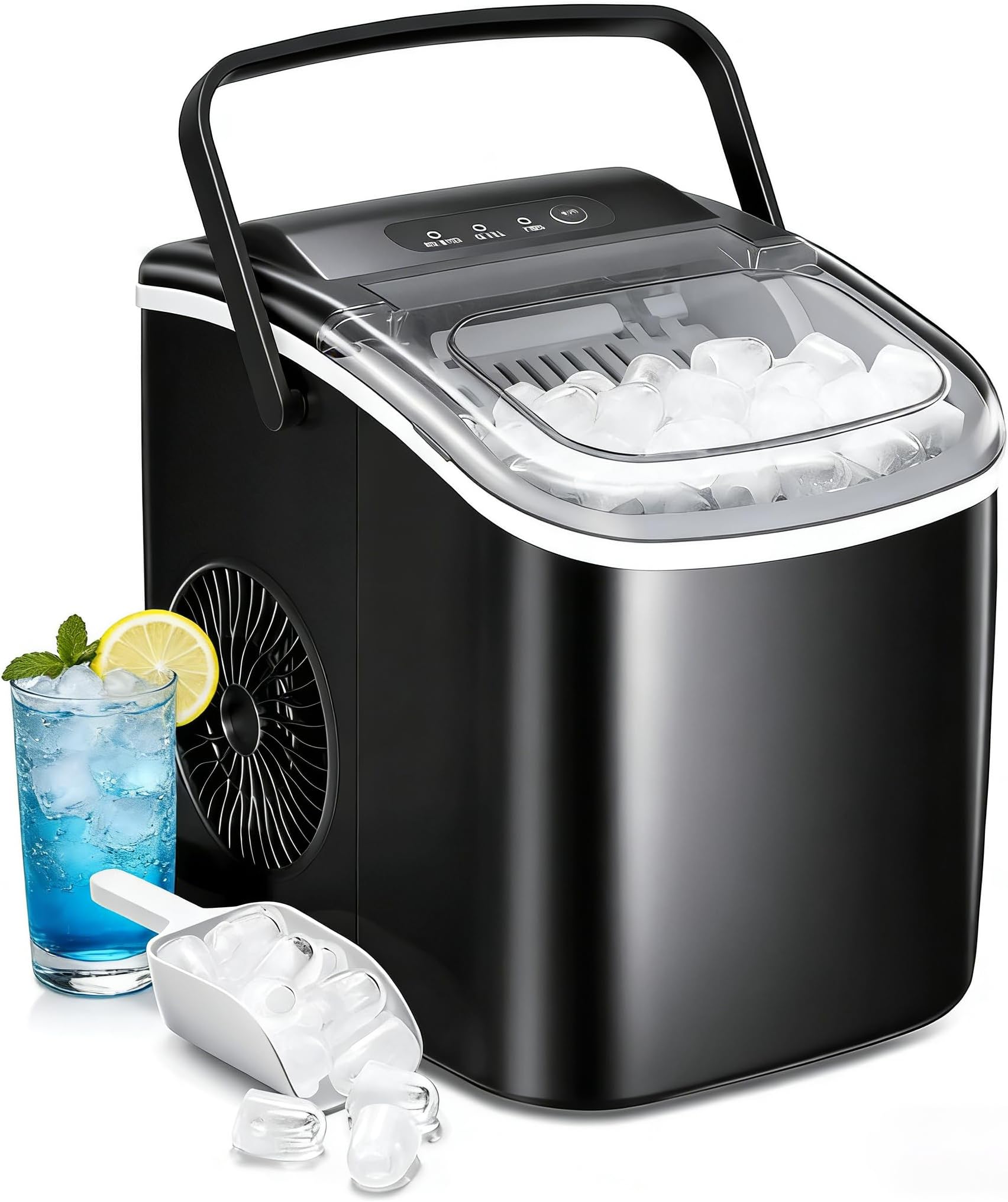 Kndko Countertop Ice Maker, 26.51lbs/24H, Makes 9 Bullet Ice Cubes in 6 Mins, with Self-Cleaning Portable Ice Machine for Home Kitchen Bar Camping, Black