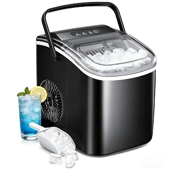 Kndko Countertop Ice Maker, 26.51lbs/24H, Makes 9 Bullet Ice Cubes in 6 Mins, with Self-Cleaning Portable Ice Machine for Home Kitchen Bar Camping, Black