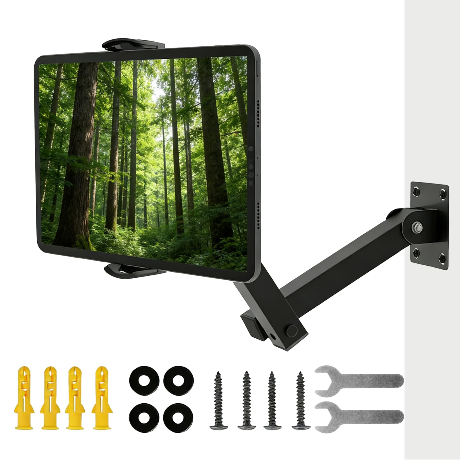 Uchwyt ścienny na tablet, aluminiowy wysuwany uchwyt ścienny, regulacja wysokości, składany, obracany o 360 stopni, składany, do kuchni, biura, salonu, łazienki lub sypialni, do urządzeń 4-13"