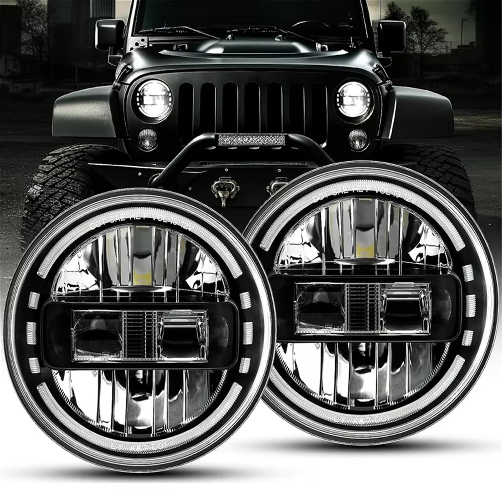 Faro Per Lada 4x4 Per Urbano Per Niva | Faro Rotondo A LED Per Auto Da 7 Pollici DRL Fascio Hi/Lo 90W Anello Halo Ambra Occhio Di Angelo(1 Piece Silver)