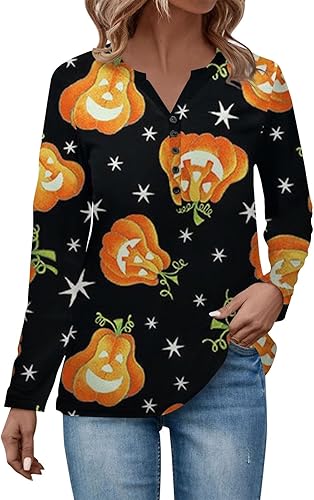 Workout Tops for Women V Neck Halloween Print Sweatshirts Button Down Long Sleeve Pullover Tops Loose Outfits