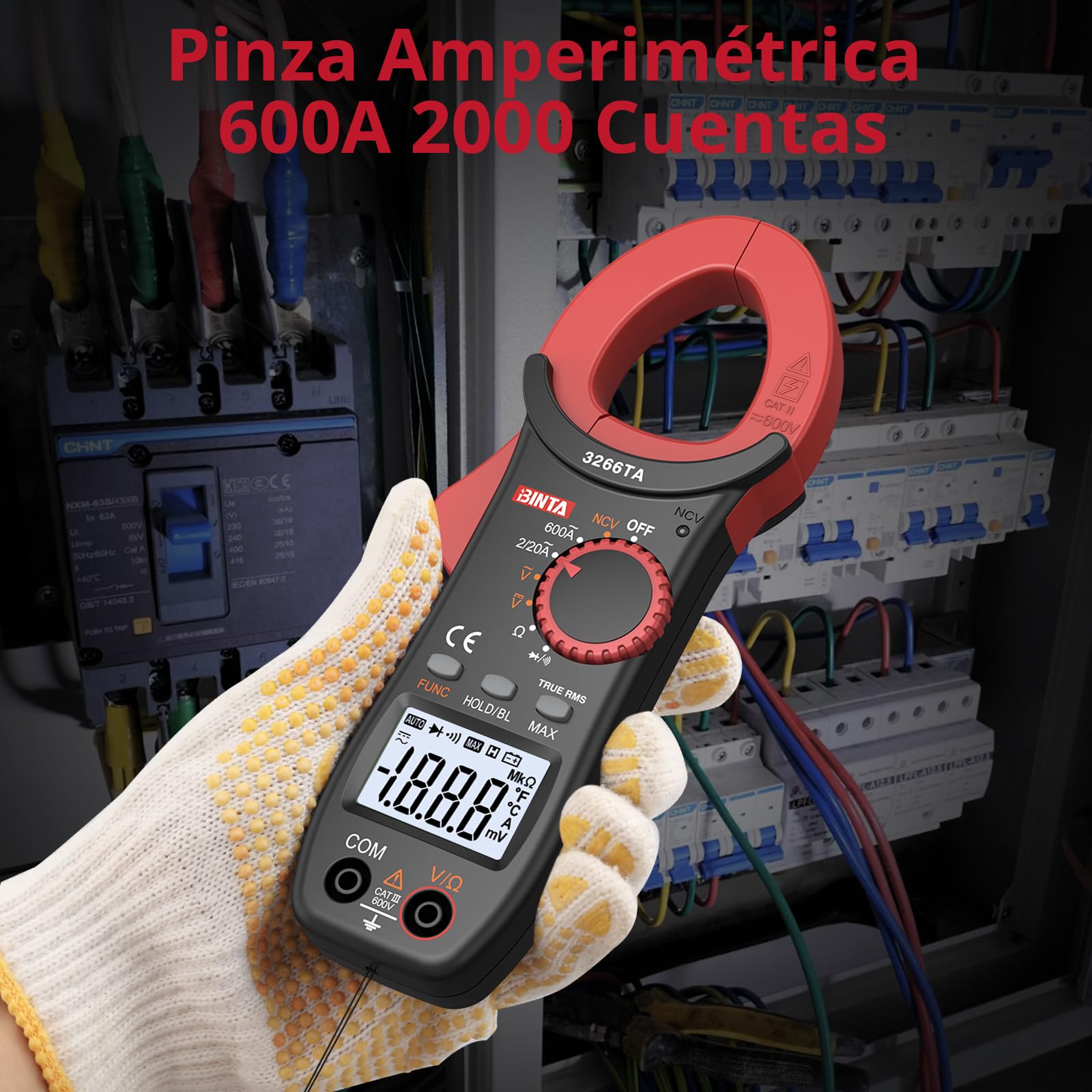 BINTA Pinza Amperimétrica, 600A 2000 Cuentas Pinza Multímetro Digital Profesional NCV TRMS Mide Voltaje CA/CC, Corriente Electricidad, Resistencia, Diodo, Función de Continuidad - con Iluminación
