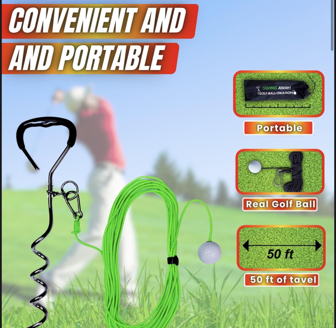 Swing Away! Golf Training Tool for Drivers & Irons - Practice Your Golf Swing in The Backyard with A Real Golf Ball & Experience 50 Feet of Ball Flight Feedback - for Golfers of All Ages (Neon Green)