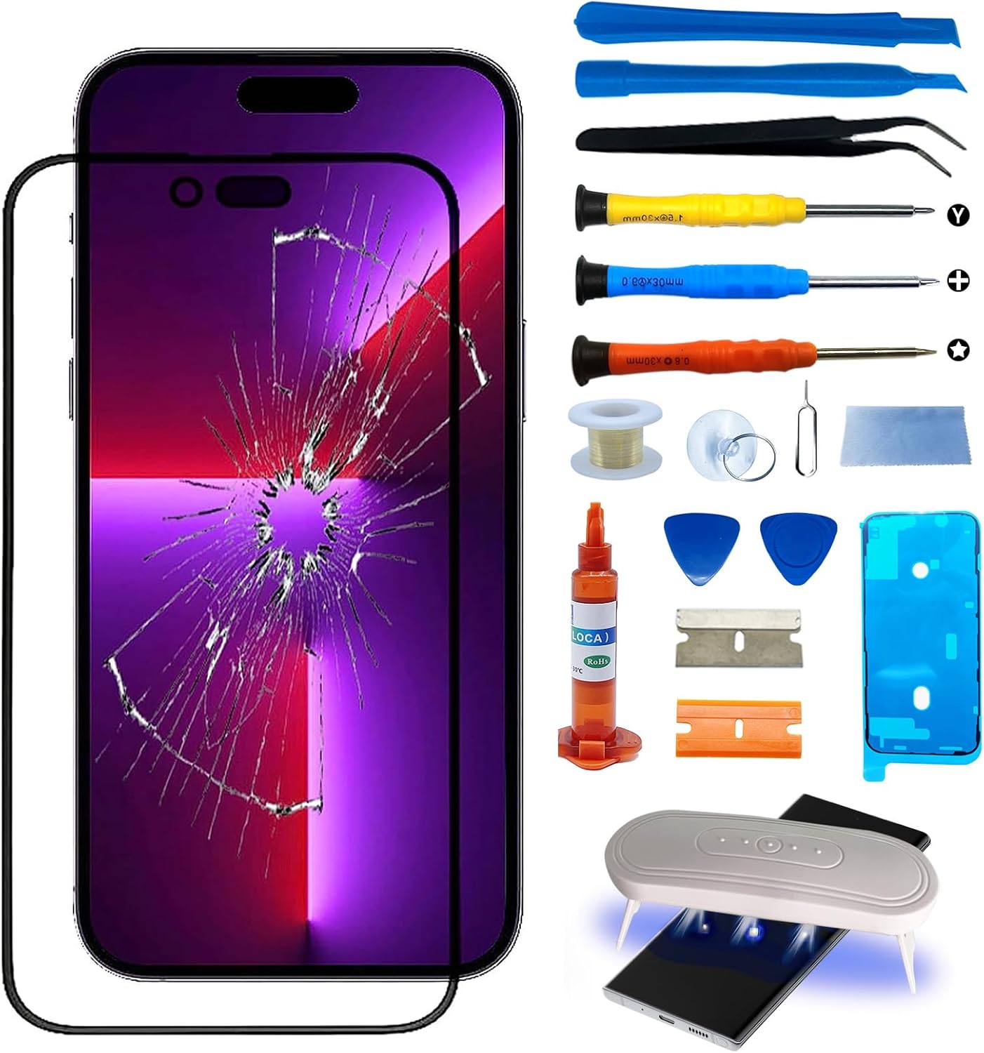 Screen Replacement for iPhone 14 Pro Max, 6.7 Inch Front Outer Lens Glass Screen Replacement Repair Kit - Incl Waterpoof Frame Adhesive and Tool Kit(No Digitizer,No LCD)