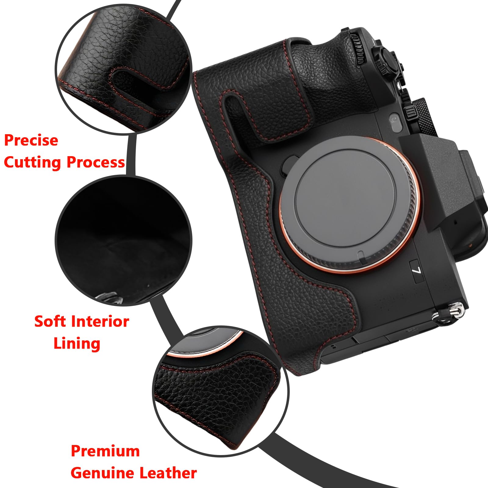 Półetui na aparat kompatybilne z Sony Alpha7Rv/A7R5/A7M4/ILCE-7M4/ILCE-7RM5, ochronny rdzeń aluminiowy, odporny na wstrząsy, ręcznie wykonany, wysokiej jakości skóra pełny dostęp, Czarny