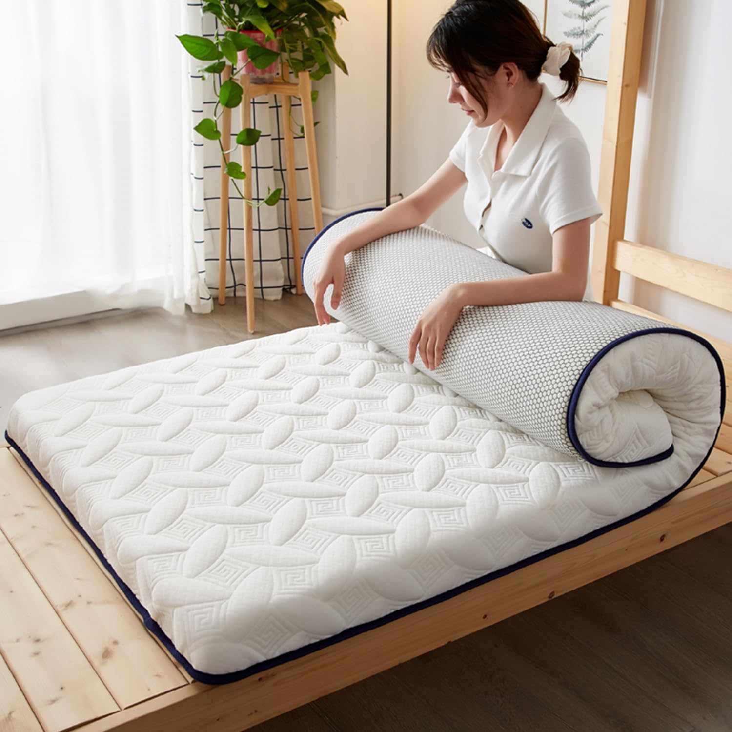 White/9cm,125x200cm, Latex Futon Matratze Topper Bodenmatretzenpolster Mit Elastischem Band Gepflegte Matratzen Pad Abdeckung 5Cm/9Cm Dick Campingmatratze Schlafkissen Für Schlafzimmer
