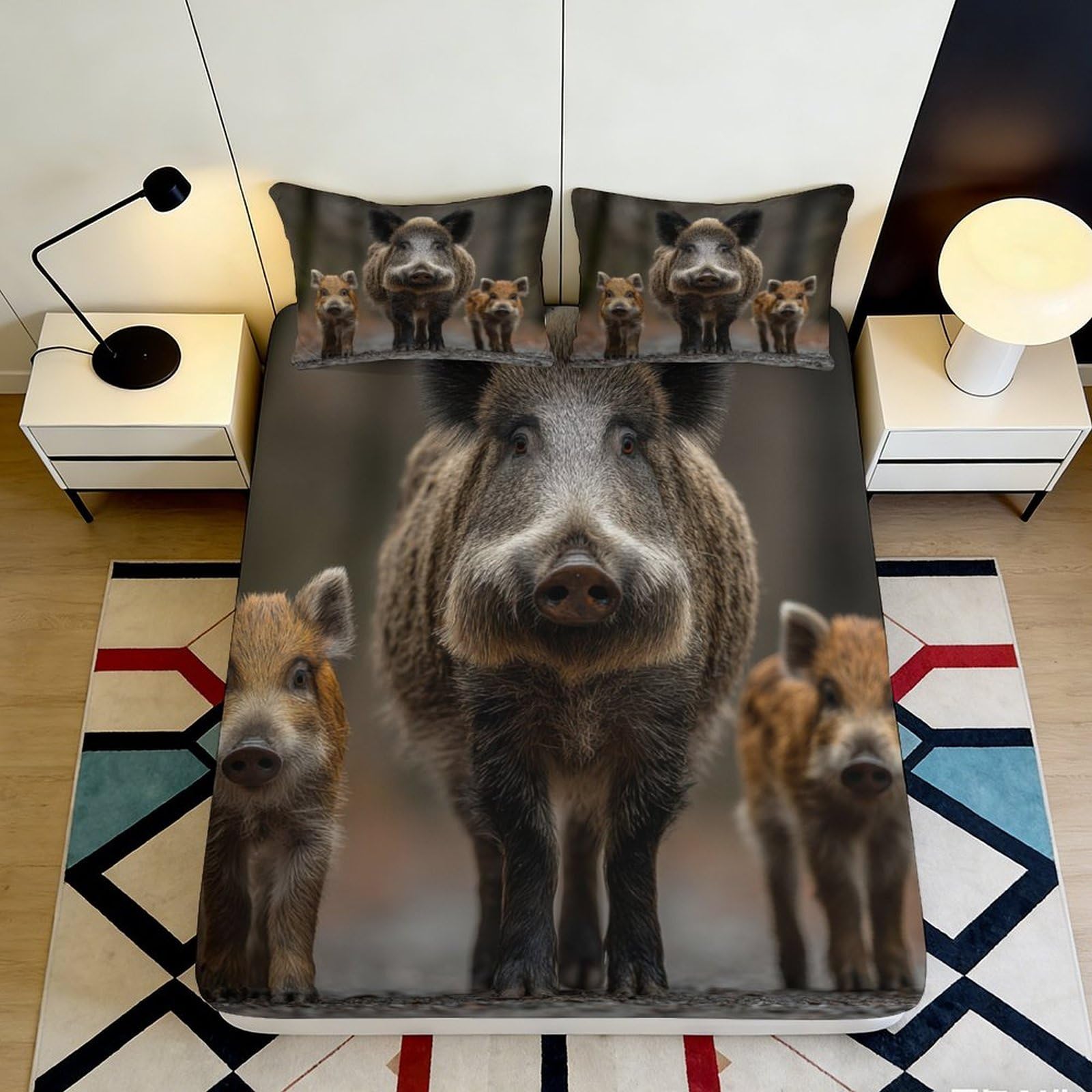 3D Printed Wild Boar Family Fitted Sheet Microfiber Soft Anti-Slip Bed Sheet for Bedroom Guest Room Decor 90x200x25cm