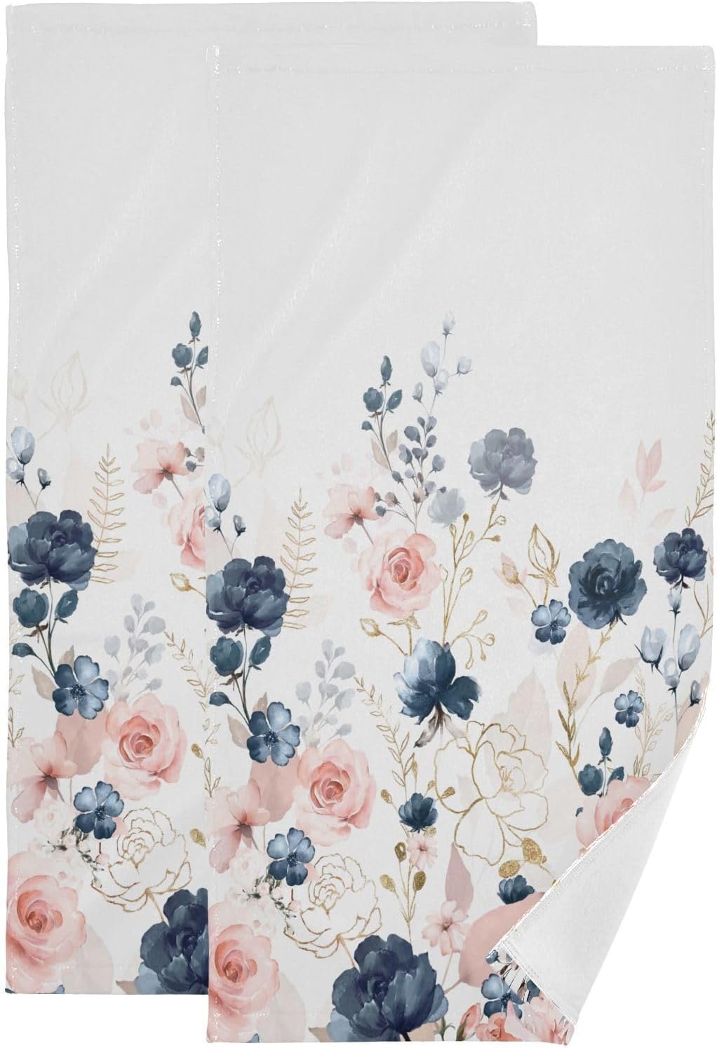 2 Pack Watercolor Rose Floral Hand Towels Soft Absorbent Vintage Elegant Navy Blue Pink Blossom Flower Bathroom Decor 14"x28" Guest Face Bath Towels,Decorative Towels for Bathroom,Kitchen