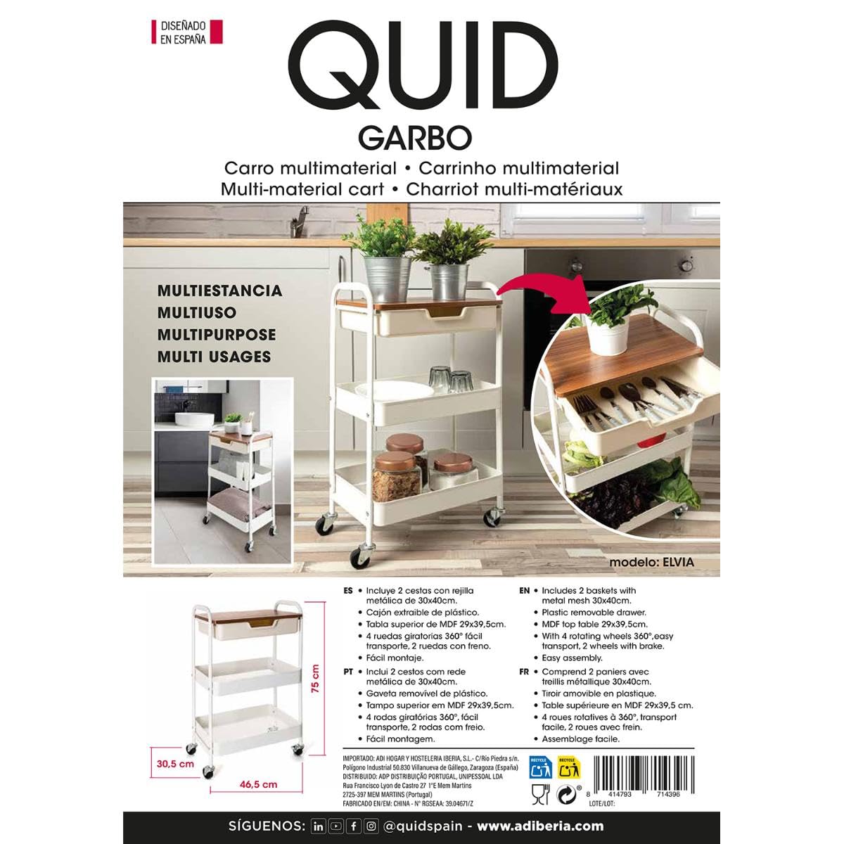 Quid Carrito Multiusos Garbo de Acero Carbonatado 46,5x30,5x75cm | Blanco, Acero Carbonatado, 46,5x30,5x75cm