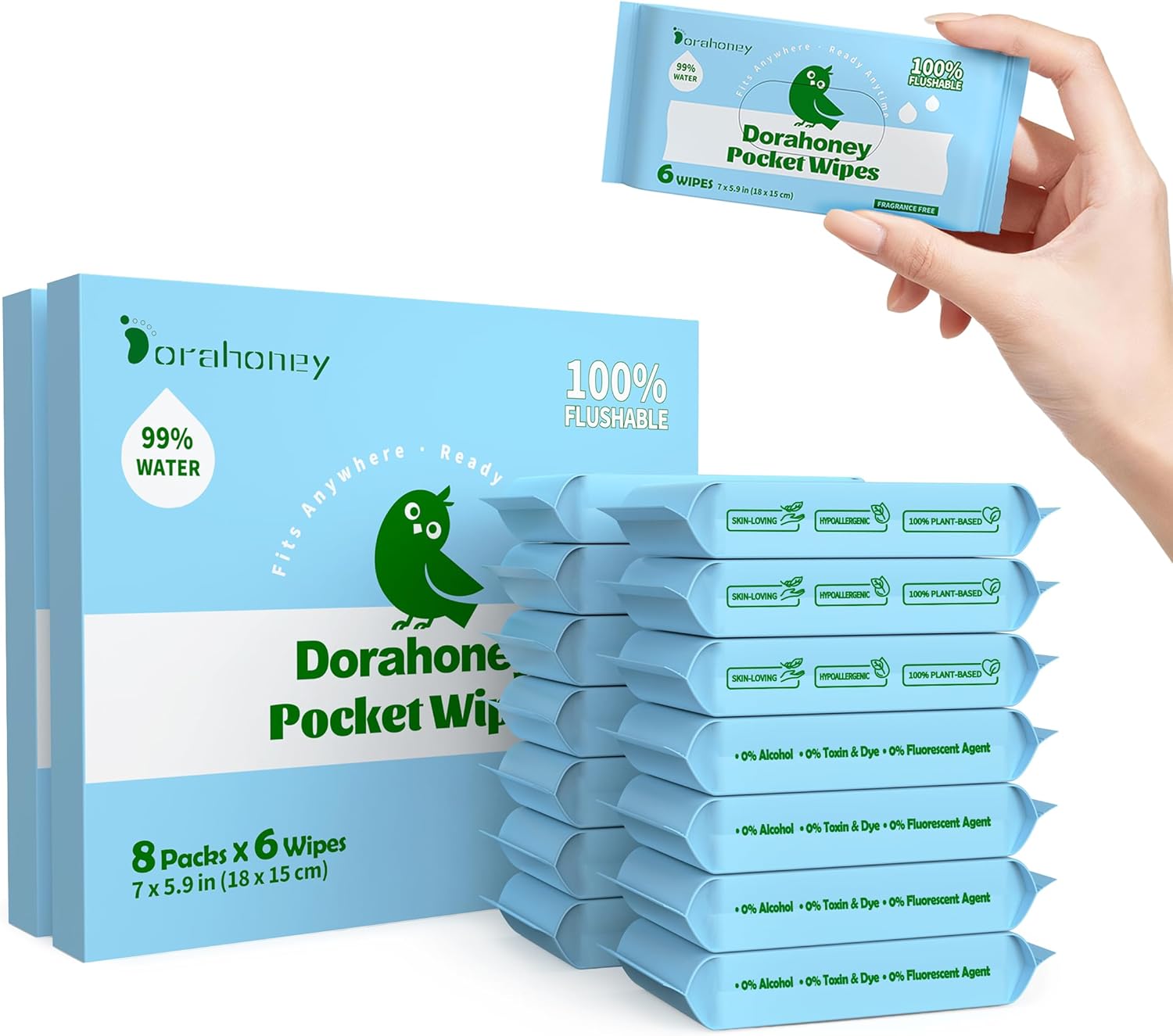 Dorahoney Flushable Wipes Travel Size, 99% Water Mini Wet Wipes for Sensitive Skin, Hypoallergenic & Unscented On The Go Pocket Wipes, 96 Count (16 Packs of 6)