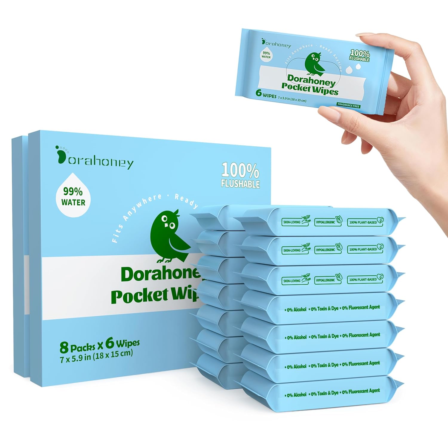 Flushable Wipes Travel Size, 99% Water Mini Wet Wipes for Sensitive Skin, Hypoallergenic & Unscented On The Go Pocket Wipes, 192 Count (32 Packs of 6)