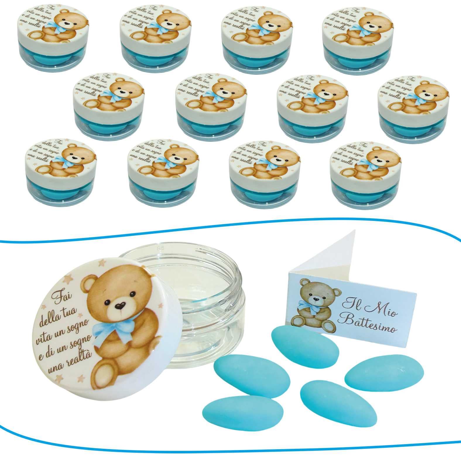 Regalami.Shop Set 12 Scatoline Orsetto Bomboniere con 5 Confetti Celesti alla Mandorla e Bigliettini Tematici (Celeste)