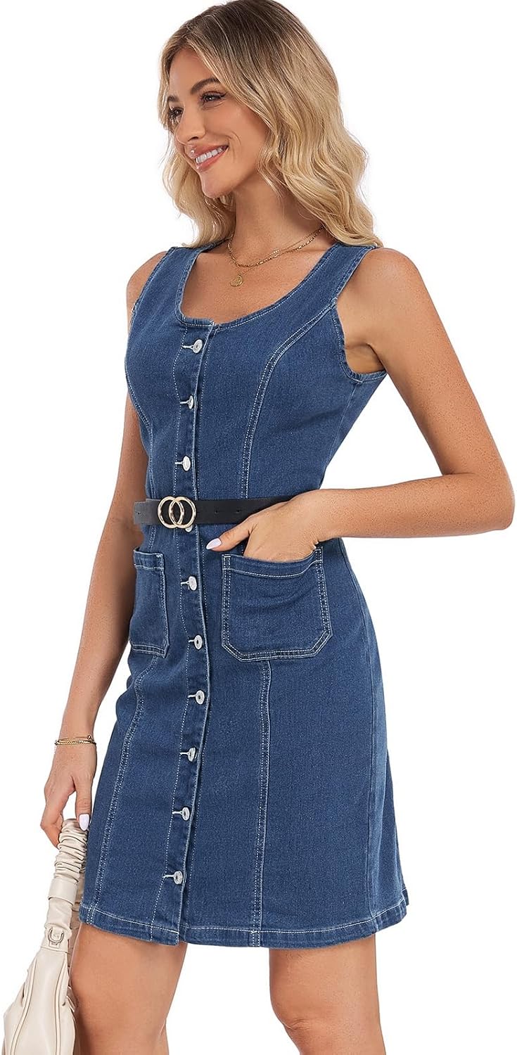 Women's Denim Dress Sleeveless Stretchy Crewneck Vintage Button Down Jean Dresses with Patch Pocket - Image 4