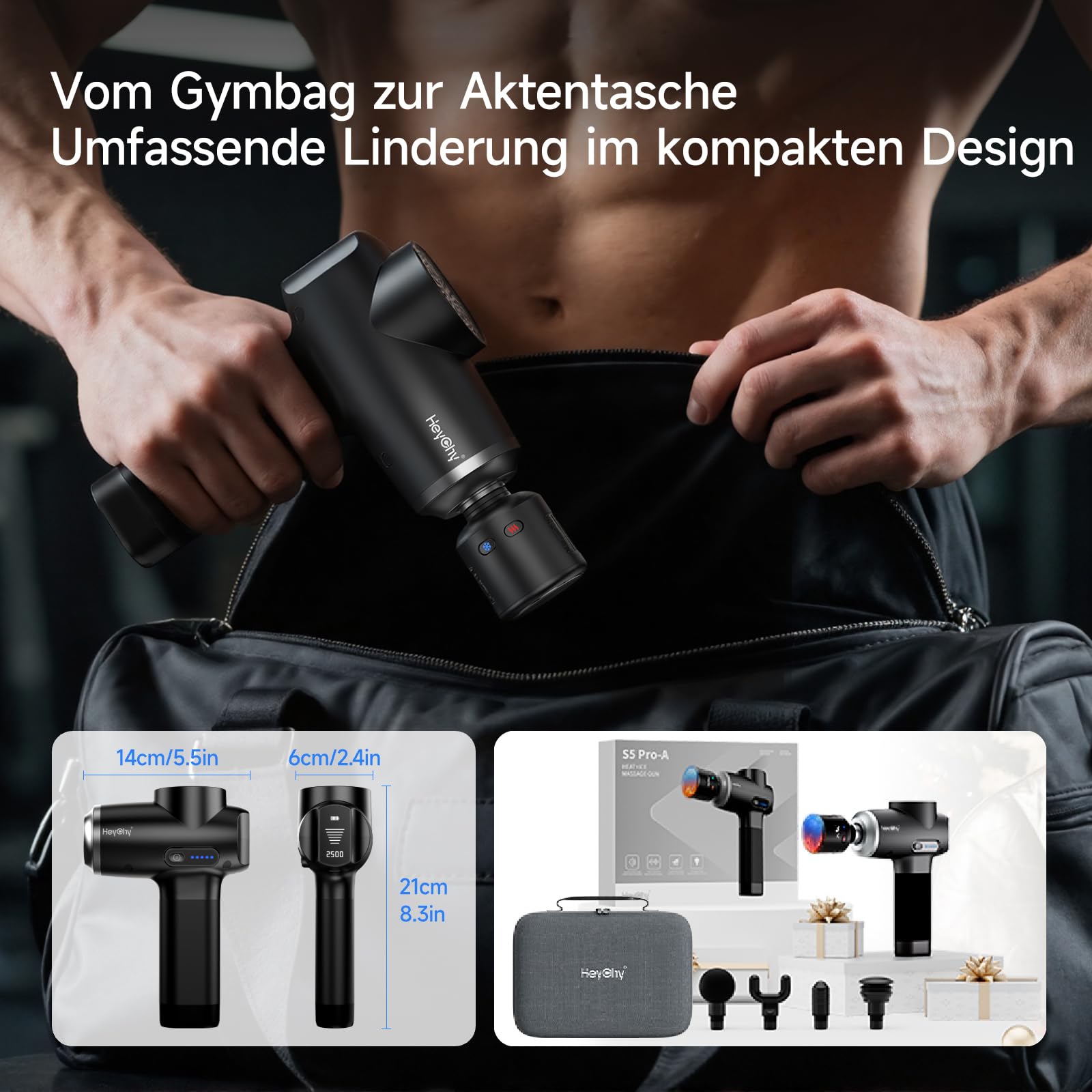 HEYCHY Massagepistole Massagegerät mit Wärme und Kälte, 5 Aufsätze USB C | 12mm, 5 Stufen, 2500RPM 2500mAh, Tragetasche, Männer Frauen Anfänger Fitnessfans, Geschenk, Zuhause Fitnessstudio Outdoor