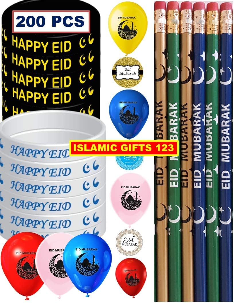 (200 Pack) Eid Balloons Eid Pencils Eid wristbands + 800 Eid Stickers Eid Favors Eid Mubarak decoration Eid gifts Islamic wall decoration Ramadan favors Islamic Favors Muslim