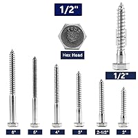Vista 3 de Tornillos de cabeza hexagonal de 1/2" x 2" con rosca parcial, 10 piezas de acero inoxidable 304 18-8, tornillos hexagonales para madera de SG TZH