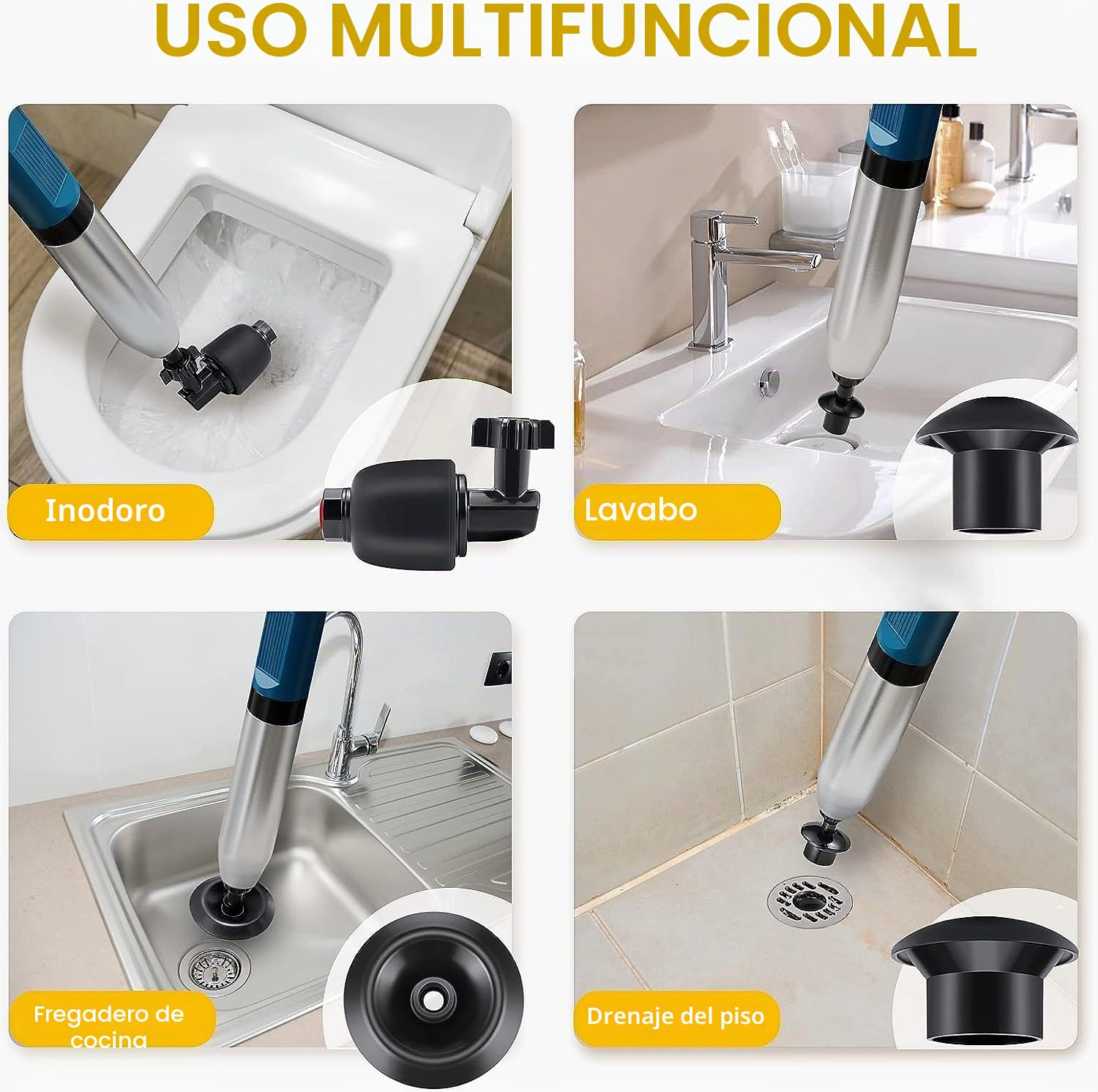 Desatascador inodoro,Desatascador tuberias profesional, desatascador wc, ventosa Presion, pistola desatascador con 3 ventosas para Cuartos de Baño Inodoros Lavabos vater