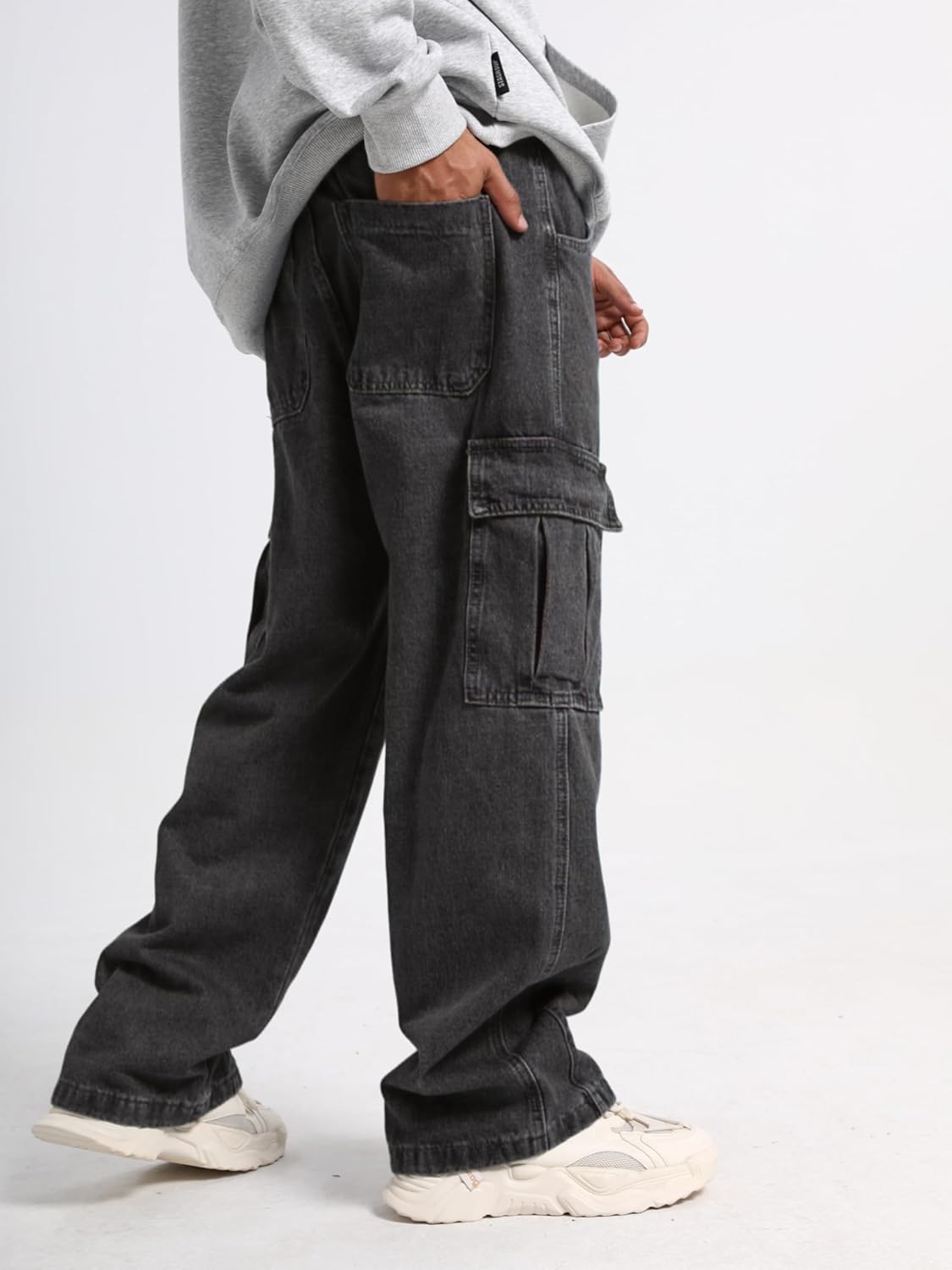 Mens Baggy Cargo Jeans Y2K Skater Vintage Plain Pants Grunge Jeans Causal Wide Leg Denim Pants Streetwear - Image 5