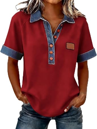 Women Summer Oversized Short Sleeve Shirt 2 in 1 Denim Panel Lapel V Neck Patchwork Tops Casual Loose Button Blouse