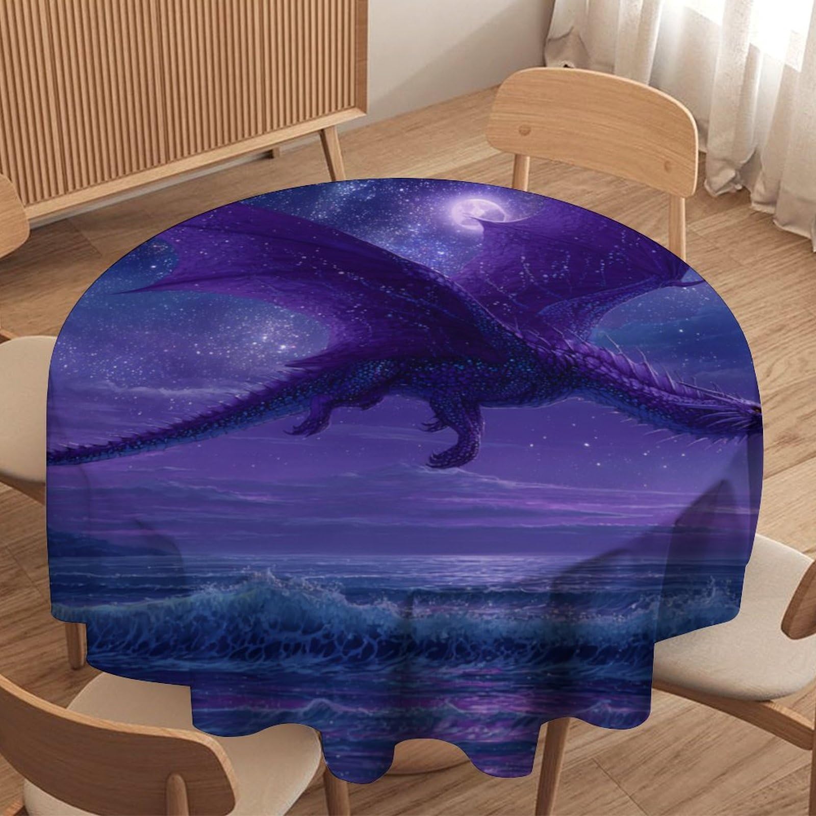 LUYYSKY Rustic Abstract Purple Dragon Round Tablecloth Cool Classic Starry Sky Ocean Fantasy Animal Dragon Print Washable Decor for Table Cover for Kitchen-91.4" Wx91.4 L cm